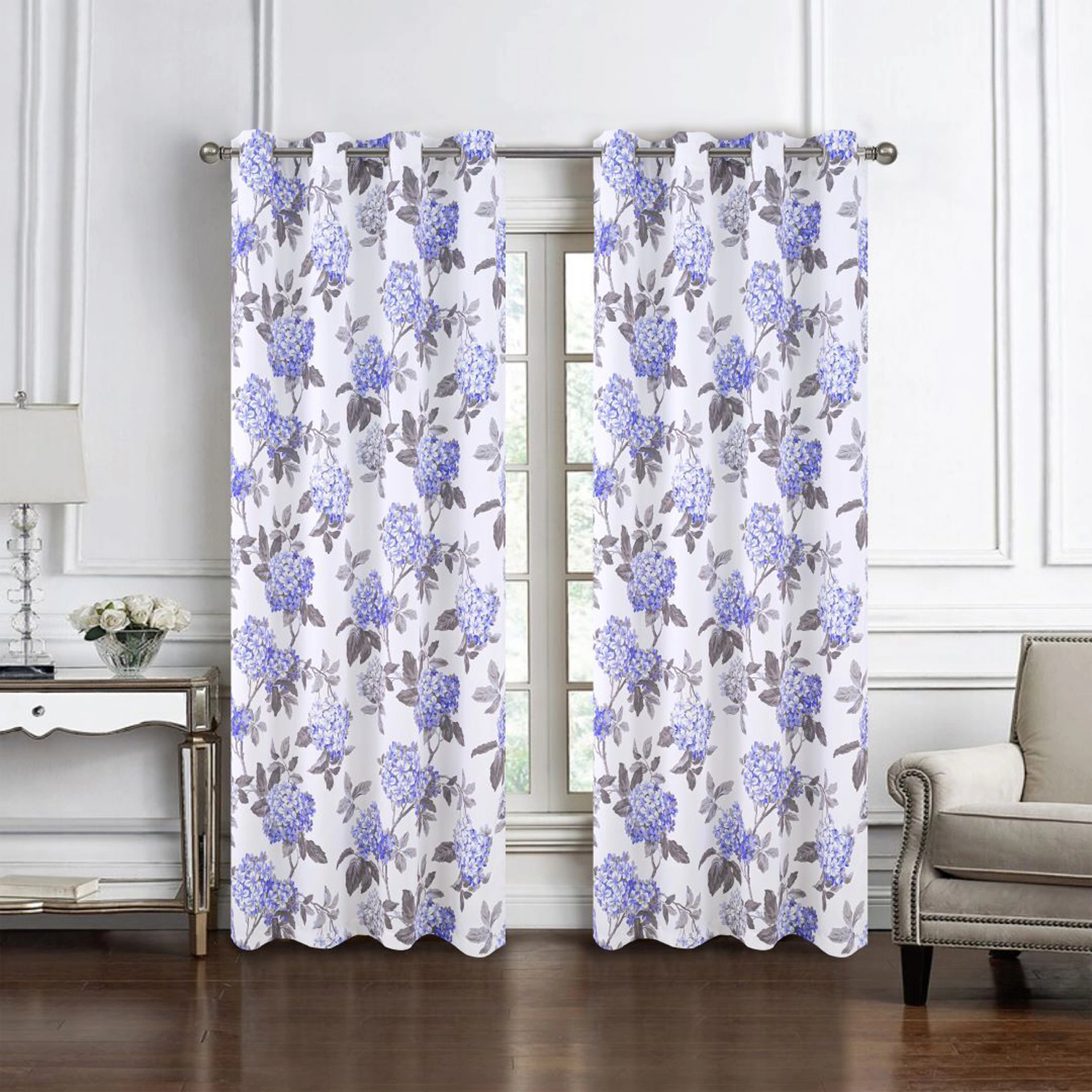 Olivia Gray 100% Polyester 200 GSM Hydrangea Printed Blackout Grommet Curtain Panel 54" x 90" Lilac