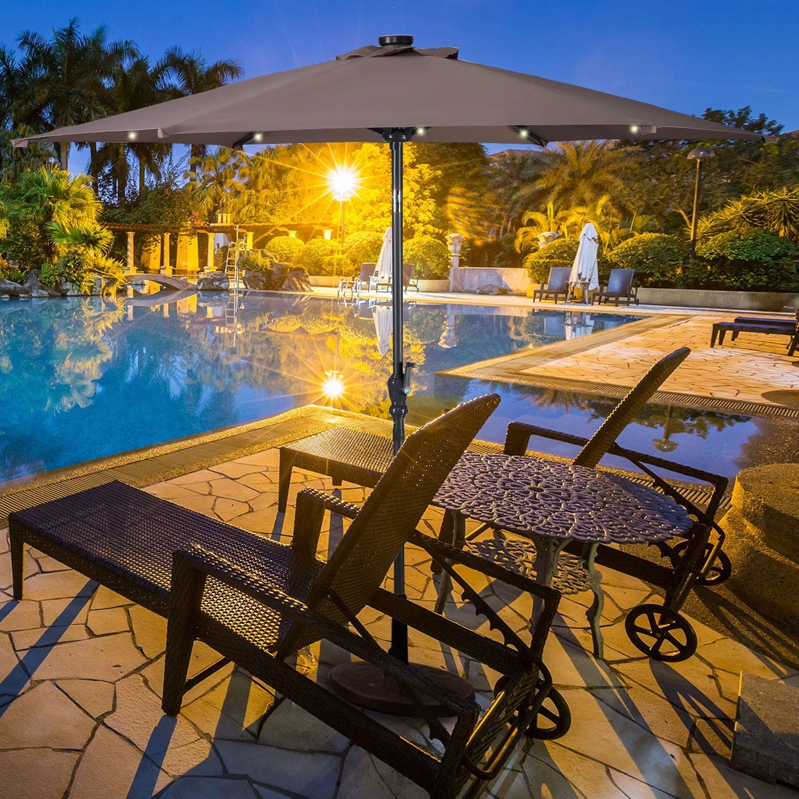 SUGIFT 9-ft Tan Solar LED Market Patio Umbrella with 18 Lights 6 Steel Ribs Push Tilt and Crank Lift
