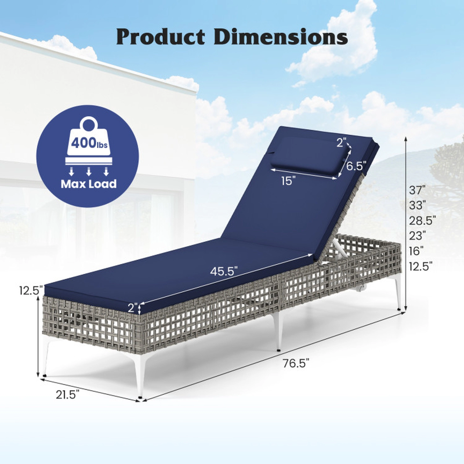 SUGIFT 2-Piece Patio Chaise Lounge Chair Set with 6-Level Adjustable Backrest and Headrest 400-Lb Capacity Navy