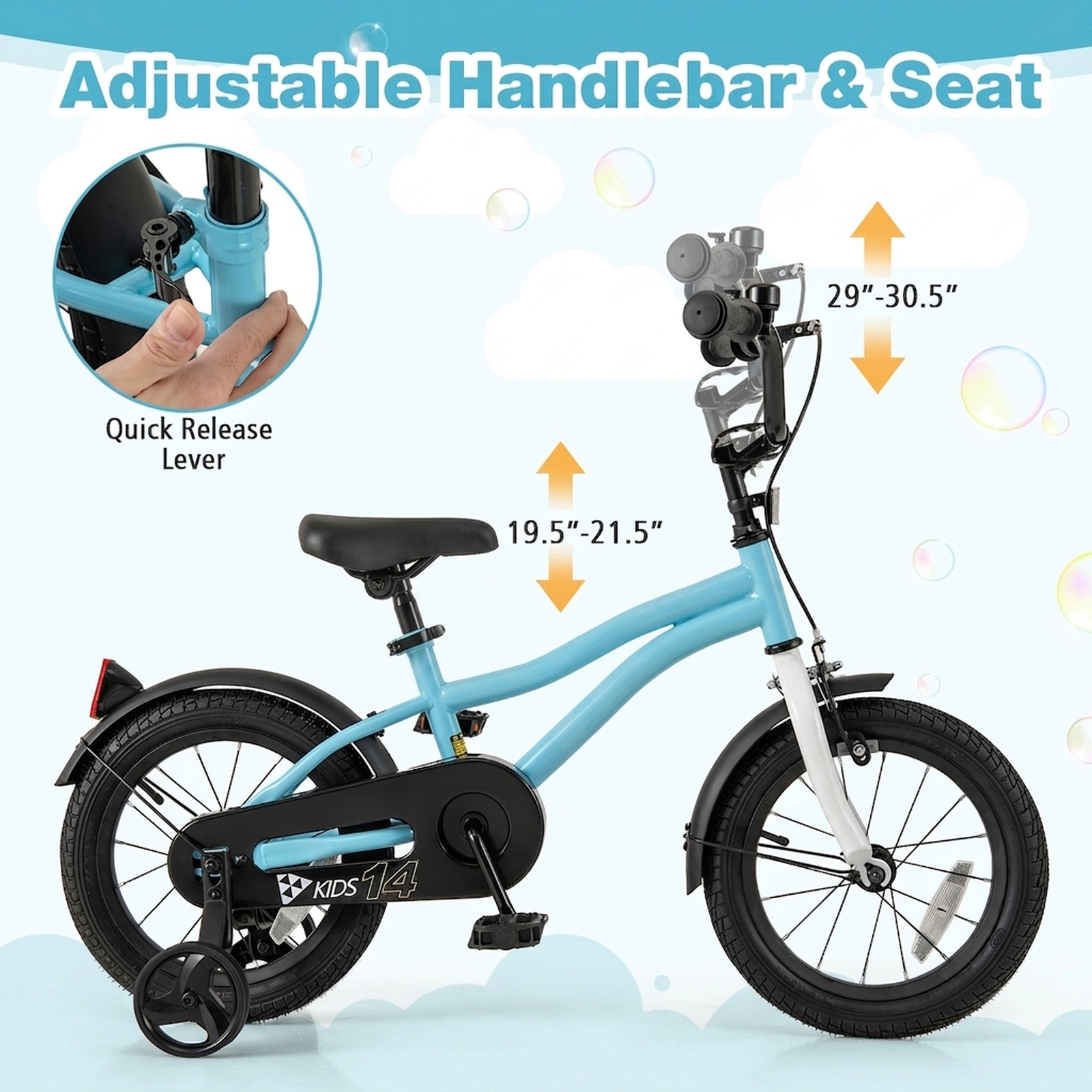 SUGIFT Adjustable Kids Bicycle with Training Wheels 110-lb Seat Capacity Ages 3-5 Blue 14-in Wheels Dual Brake System