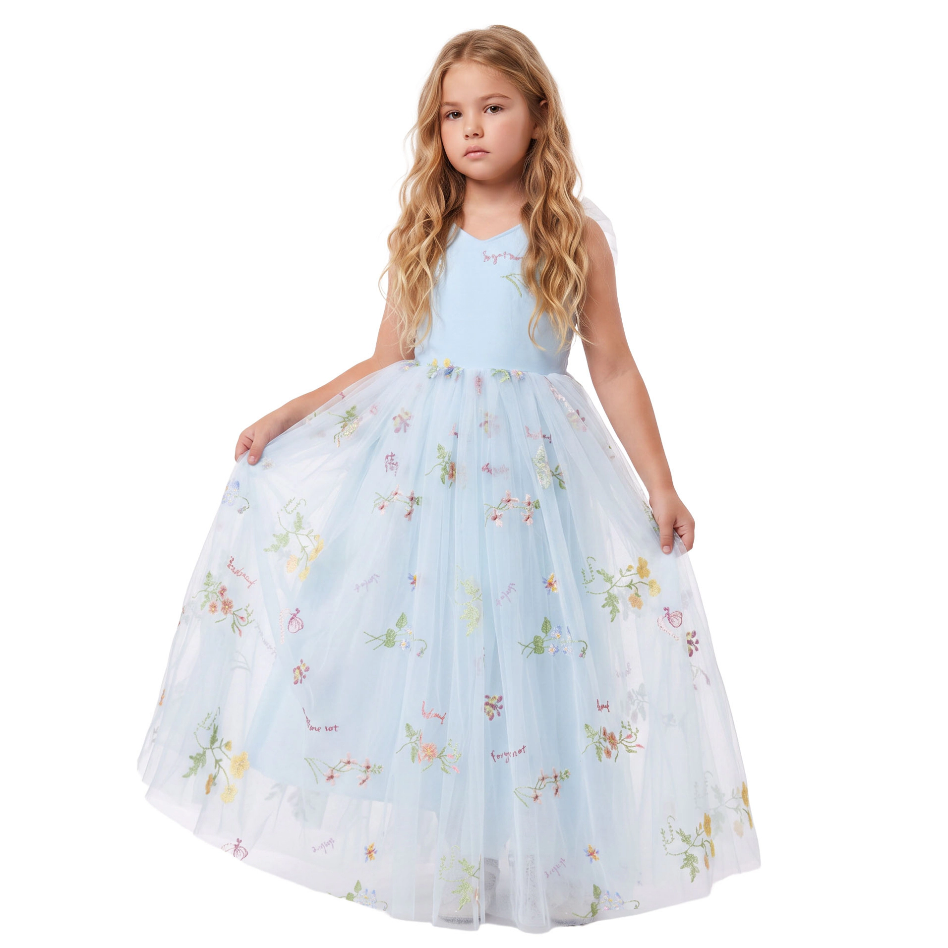 2Bunnies Girls' 12M-10Y Floral Garden Embroidered Tulle Strap Flower Girl Dress Maxi