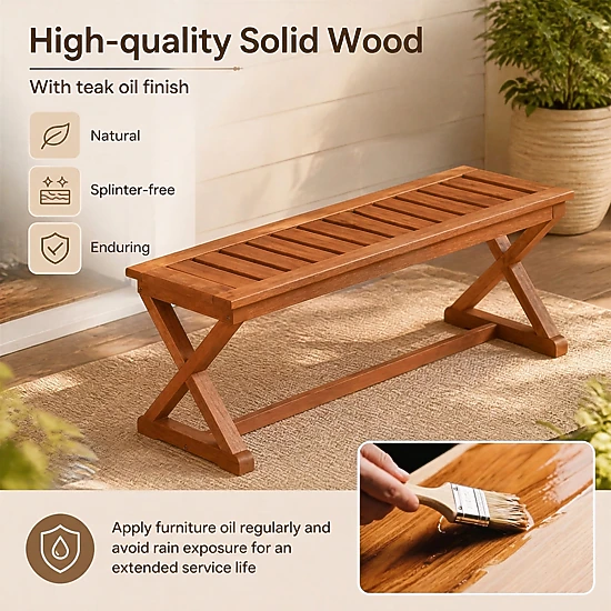 SUGIFT 44-In Teak-Finish Outdoor Wood Bench, 2-Person, 440-Lb Capacity