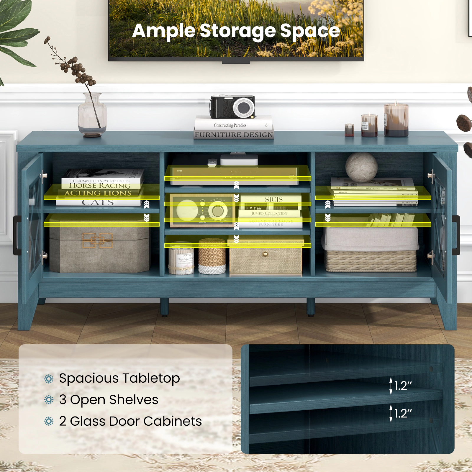 SUGIFT Farmhouse TV Stand for TVs Up to 65 Inches with Adjustable Shelves 200-lb Tabletop Capacity Teal Blue