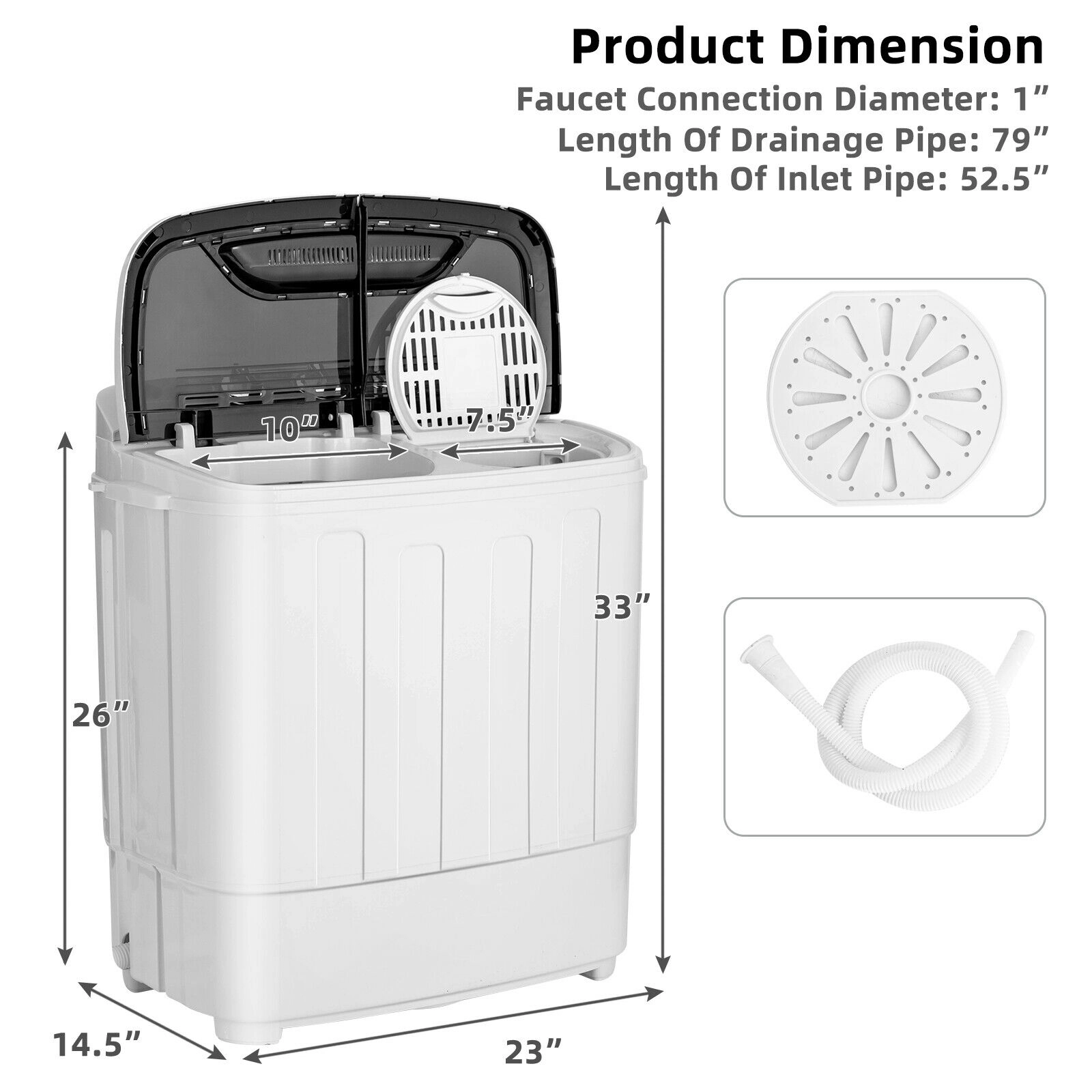 SUGIFT Compact Mini Twin Tub Portable Washer with 8-lb Wash and 5-lb Spin Capacity Top Load Gray/Black