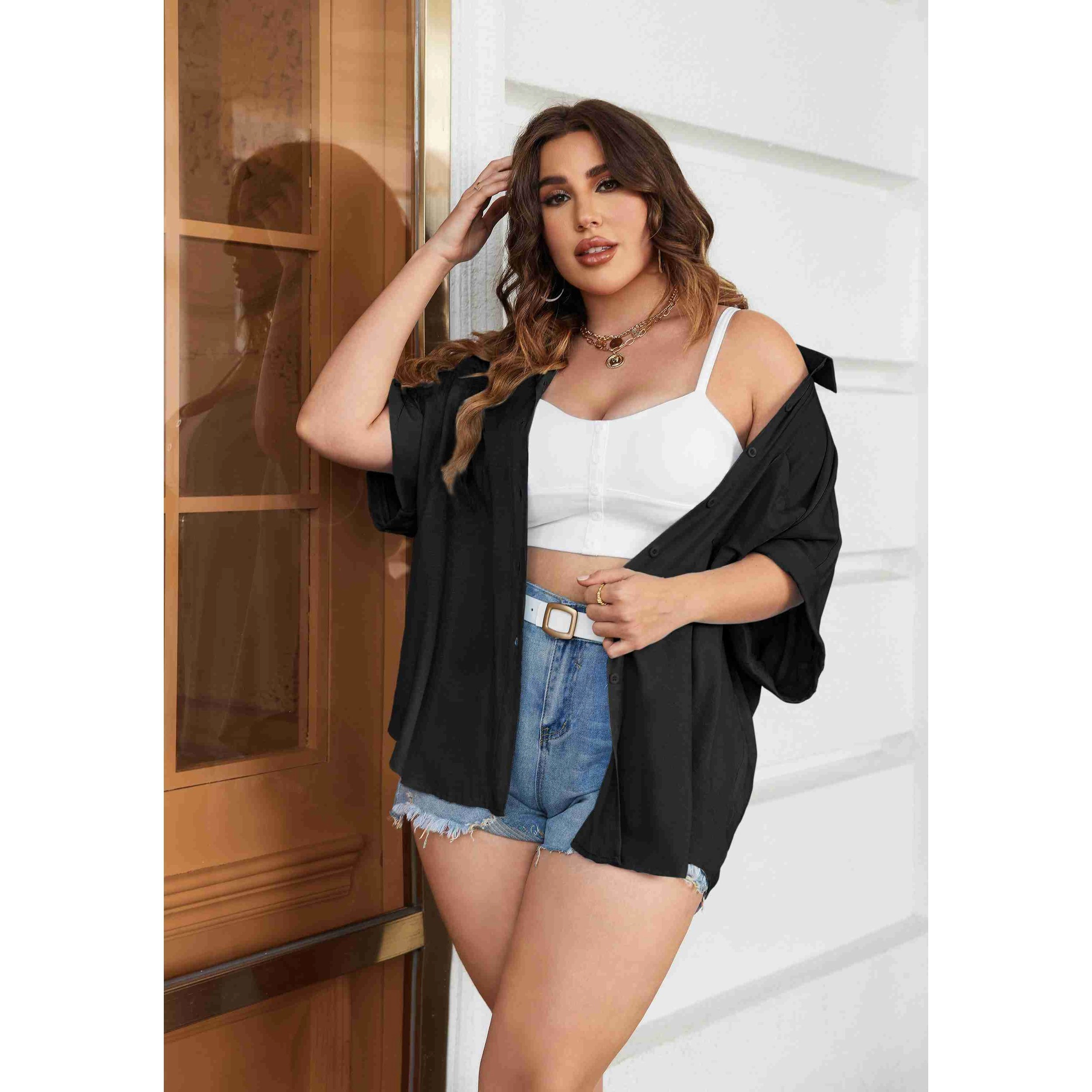 Zeagoo Womens Plus Tops Short Sleeve Button-Down Shirts Casual V Neck Blouses