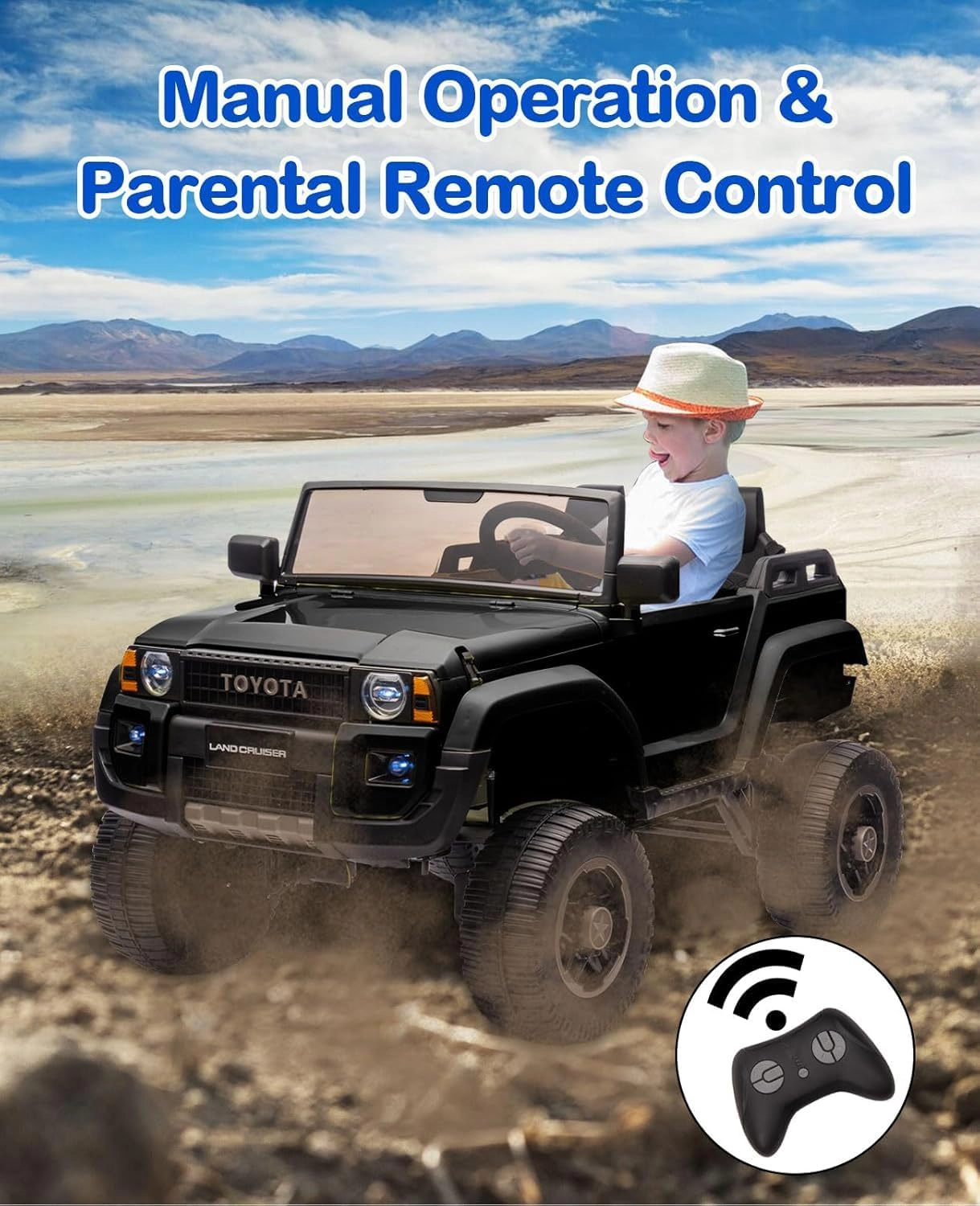 24V Licensed Toyota Land Cruiser Ride-On, 2-Seater 4WD/2WD Switch, Remote Control, LED Lights, Bluetooth, Shovel