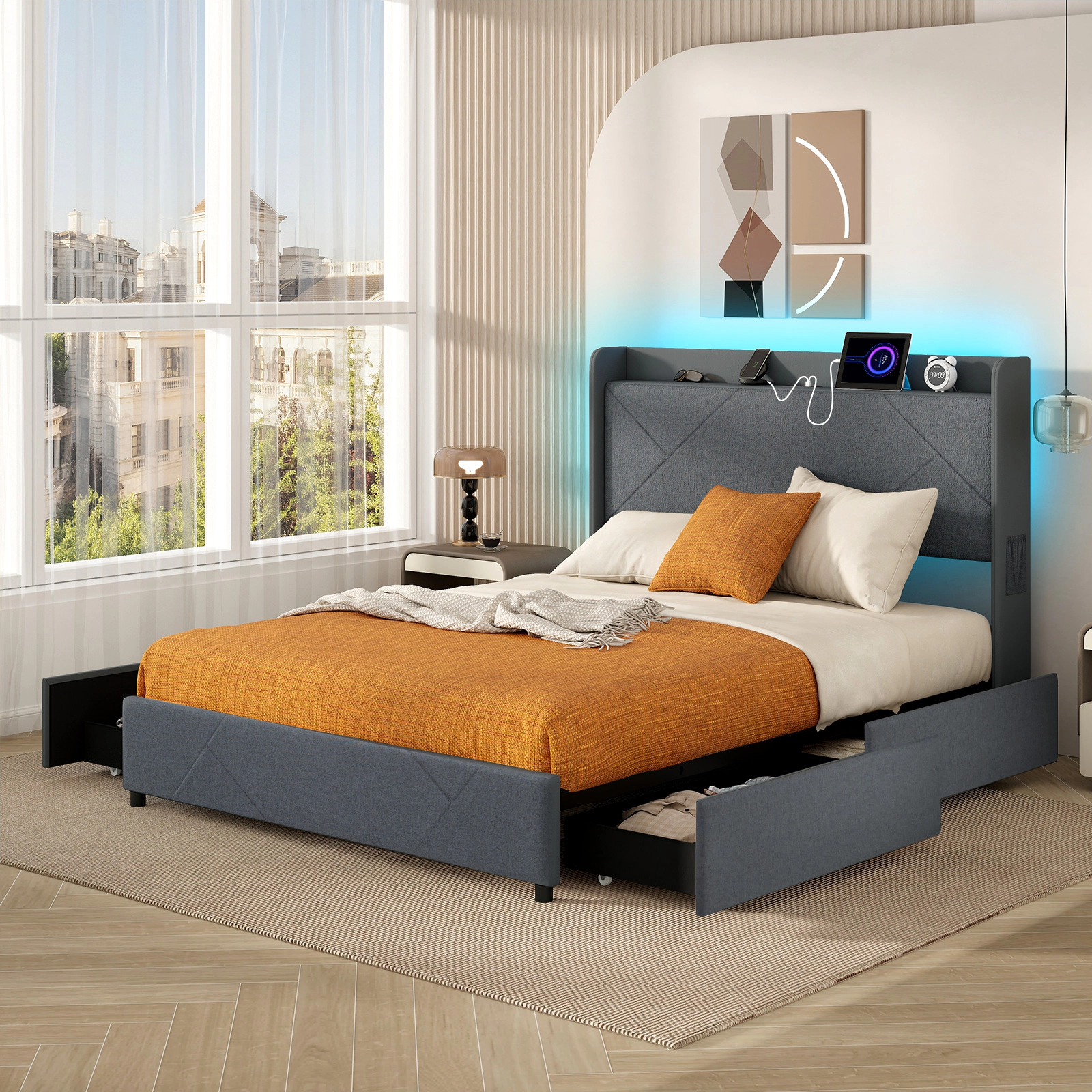 Queen Size Storage Bed Frame with 4 Drawers Upholstered LED Headboard Platform Bed with Shelf Side Pockets Grey