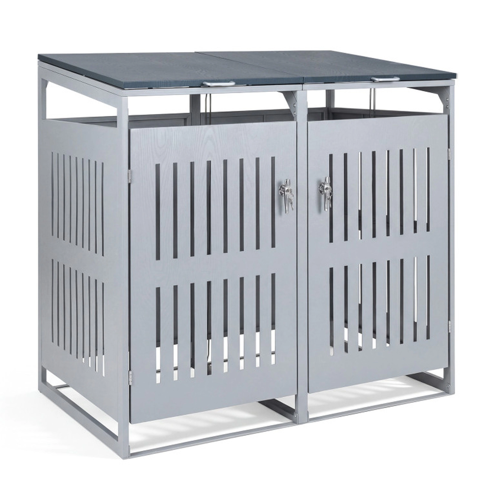 SUGIFT 2-Bin Gas Struts Lockable Metal Outdoor Trash Can Storage Shed 52-in x 32-in x 49.5-in 44-Cu-Ft Silver