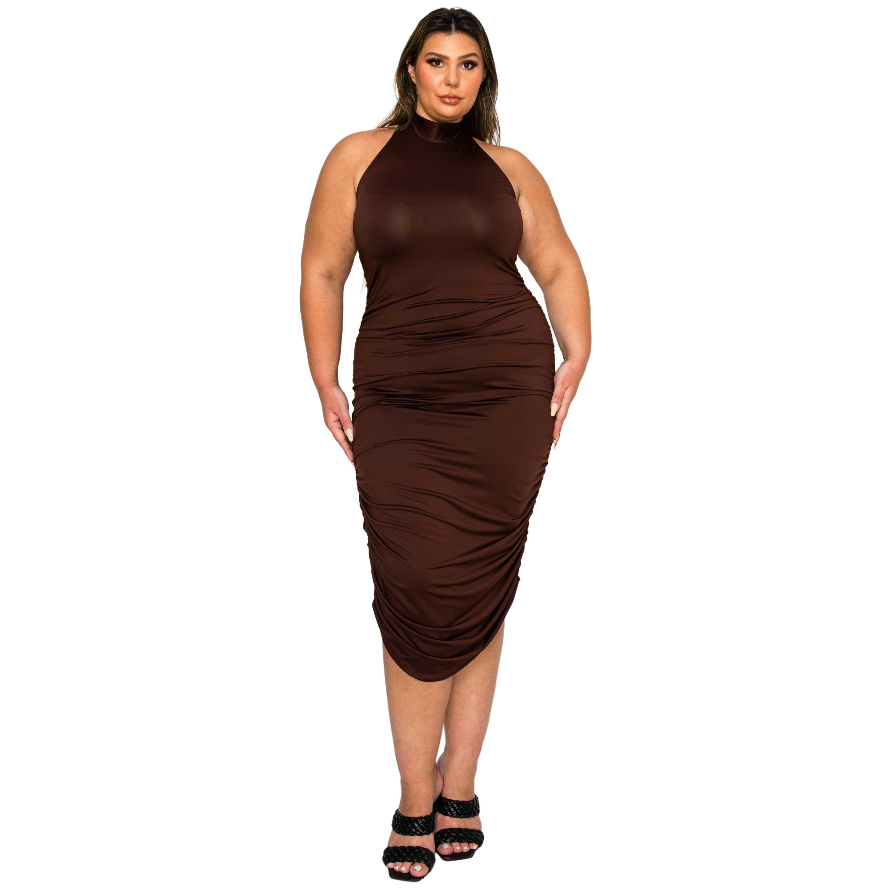 L I V D Women's Plus Izzy Side Ruched Halter Neck Dress