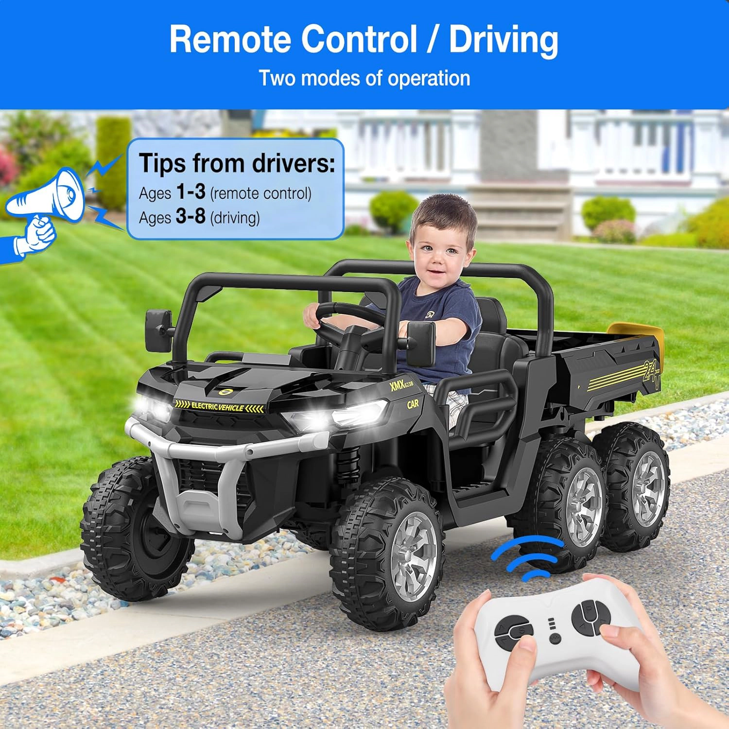 24V 4WD 6-Wheel 2-Seater Kids Ride-On Dump Truck, Remote Control, 4×75W Motors, LED Lights, Music, Functional Bed