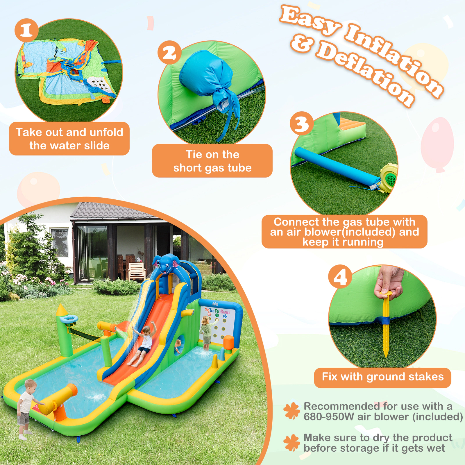 SUGIFT 9-in-1 Giant Inflatable Water Slide Park with 99-in Slide Volleyball Court and 735W Blower