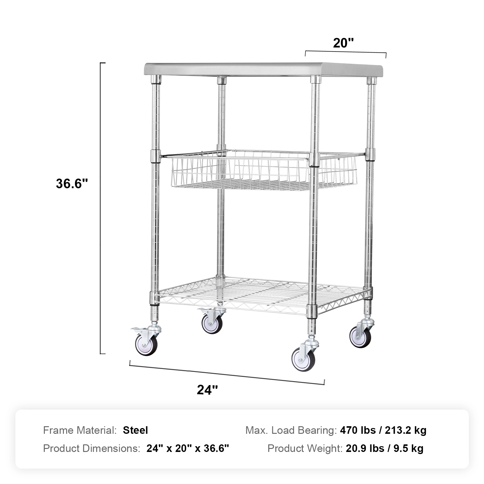 HONGGE 3-Tier Stainless Steel Kitchen Utility Cart, 470 lbs Capacity, Adjustable Wire Trolley with Basket