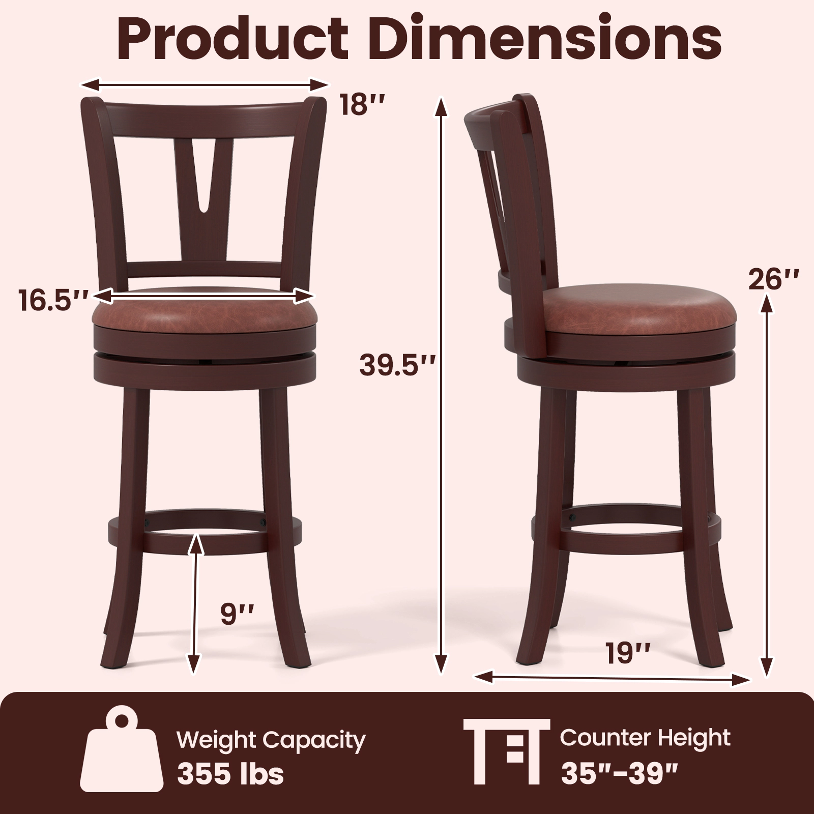 SUGIFT Set of 2 360° Swivel Counter Height Bar Stools with High Backs & Footrests 355-lb Capacity 26-in Seat Cappuccino