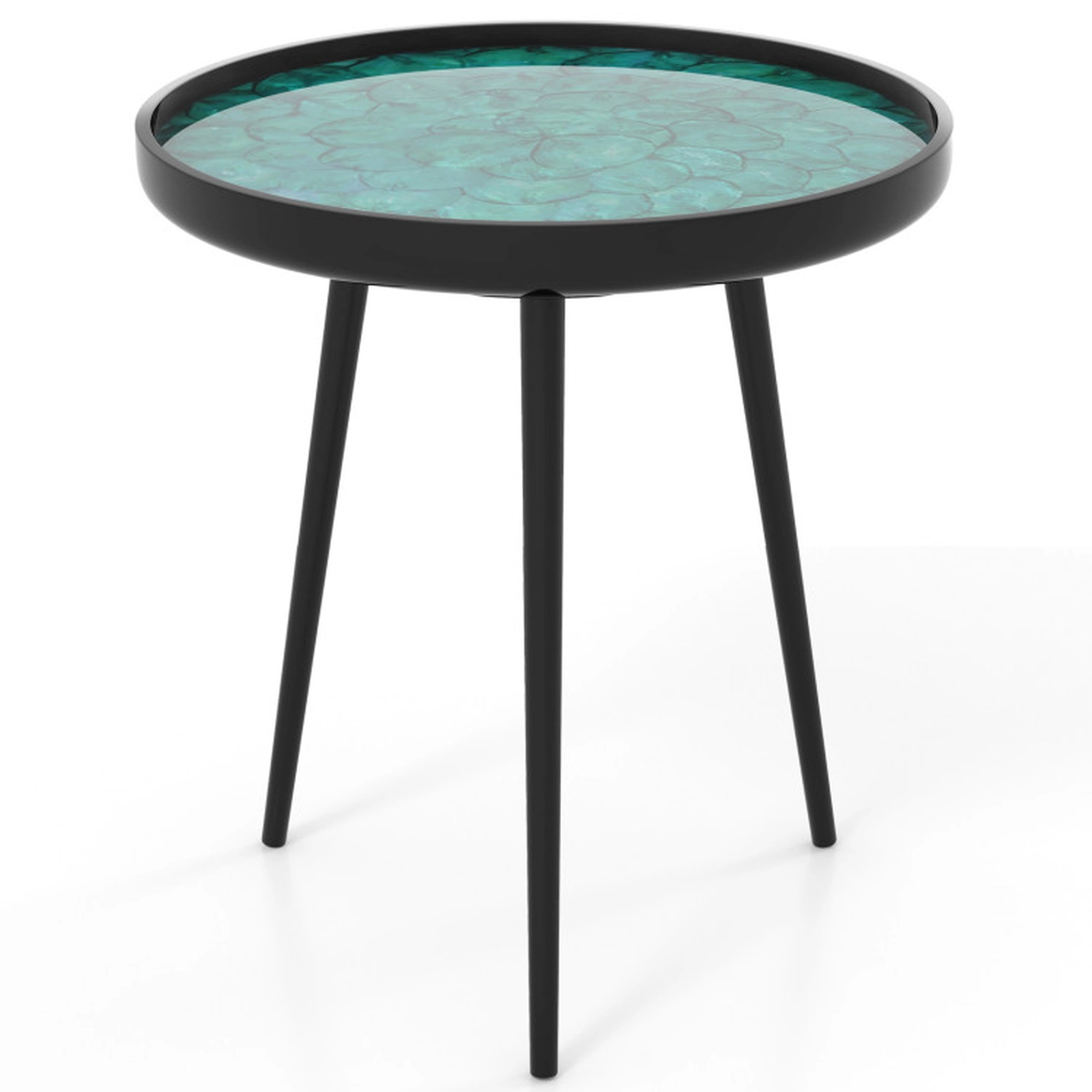 SUGIFT 20 Inch Sea Shell Resin Tray Top Mahogany Legs Accent Table In Green