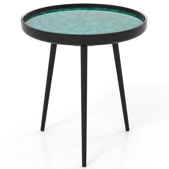 SUGIFT 20 Inch Sea Shell Resin Tray Top Mahogany Legs Accent Table In Green