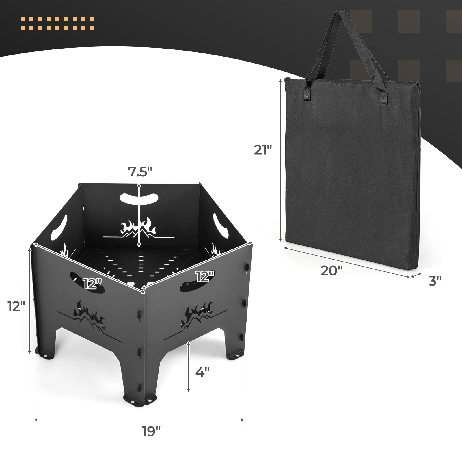 SUGIFT Black Storage Bag Carbon Steel 19-in Collapsible Portable Fire Pit