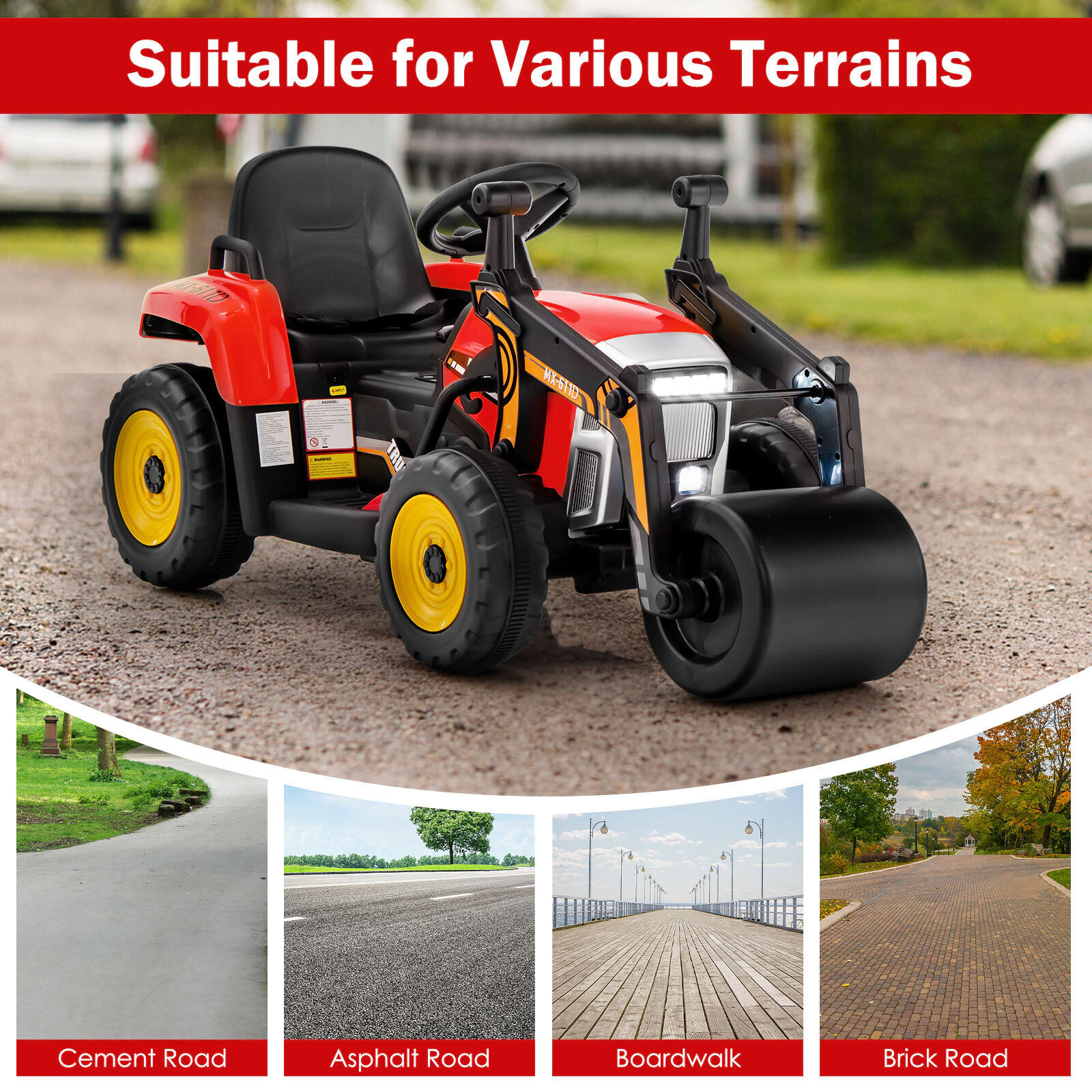 SUGIFT 12V Ride On Road Roller with 2.4G Remote Control 66-lb Capacity Ages 3-8 49-in Ride-On Car Red