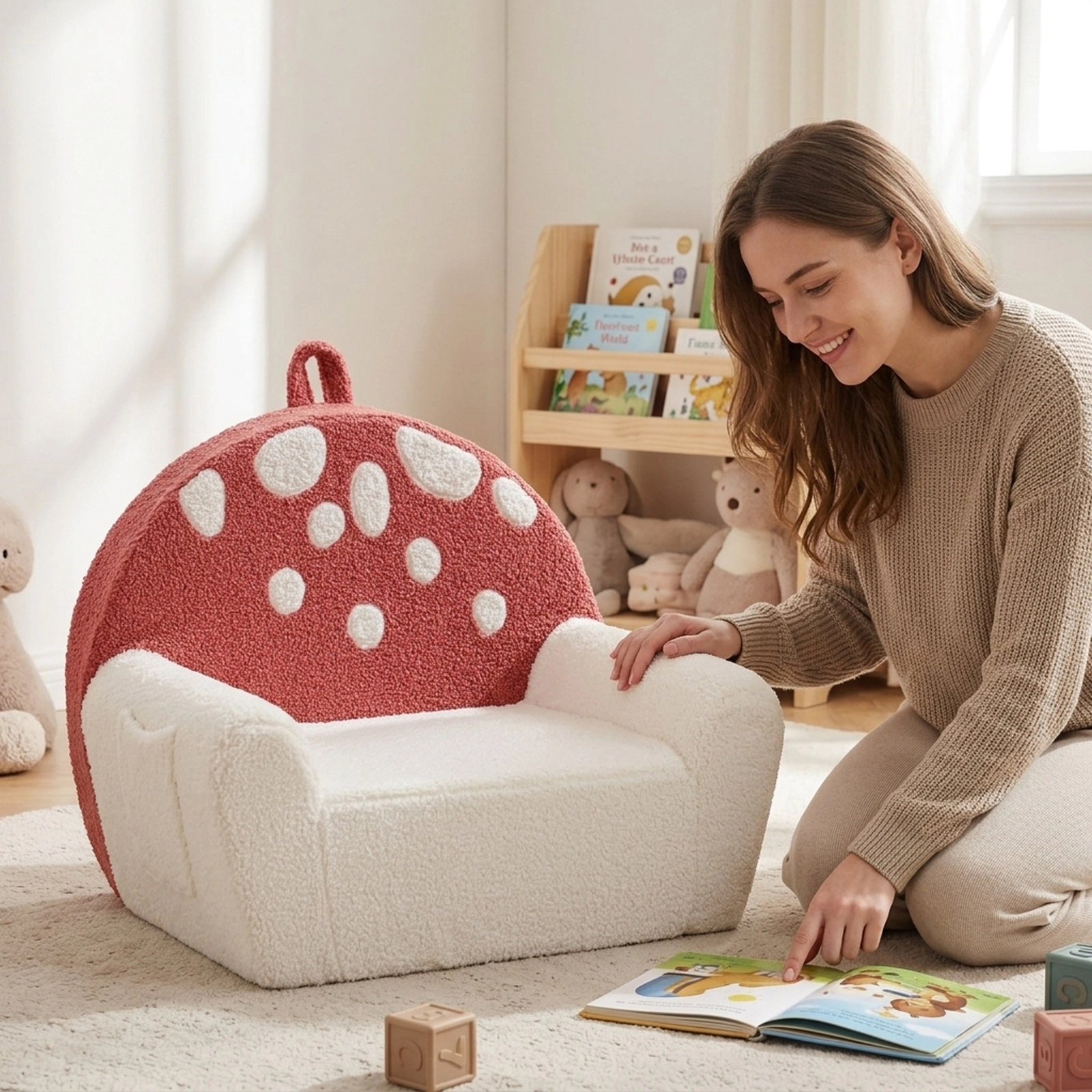 SUGIFT Toddler Foam Chair, Beige Teddy Fleece, Side Pocket, Washable Cover