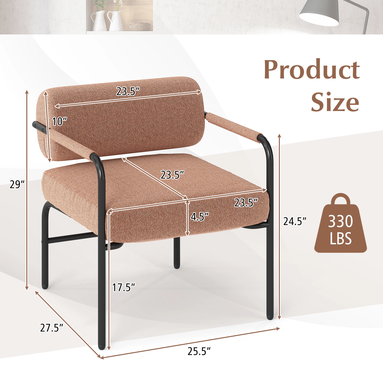 SUGIFT Velvet Upholstered Accent Chair Cylindrical Backrest & Metal Armrests 27.5-in Wide Frame 330-Lb Capacity Brown