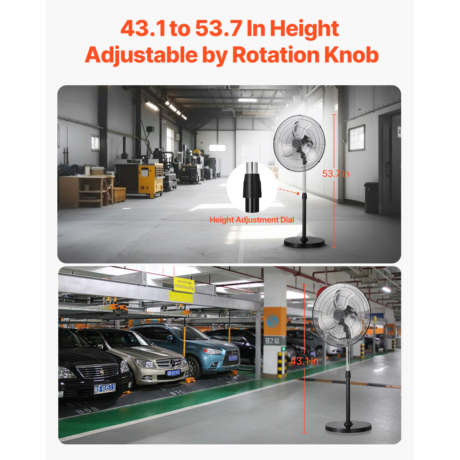 HONGGE Industrial Pedestal Fan, Oscillating Fan, Height Adjustable Standing Fans with 3 Adjustable Speeds