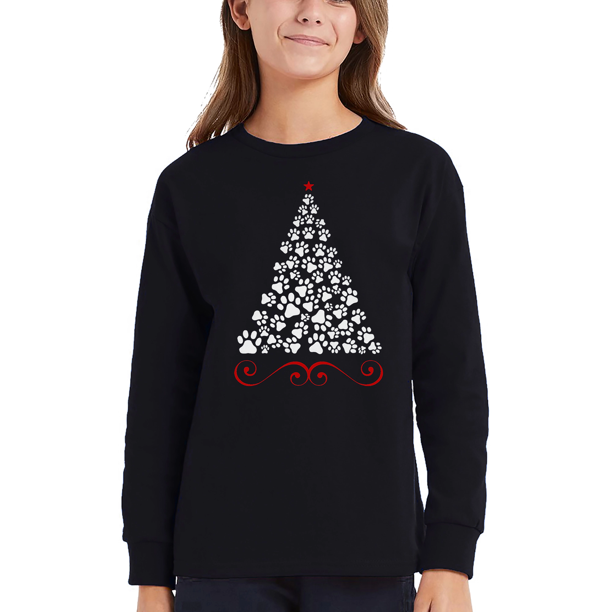 LA Pop Art Girls Long Sleeve Word T-Shirt - Paw Christmas Tree