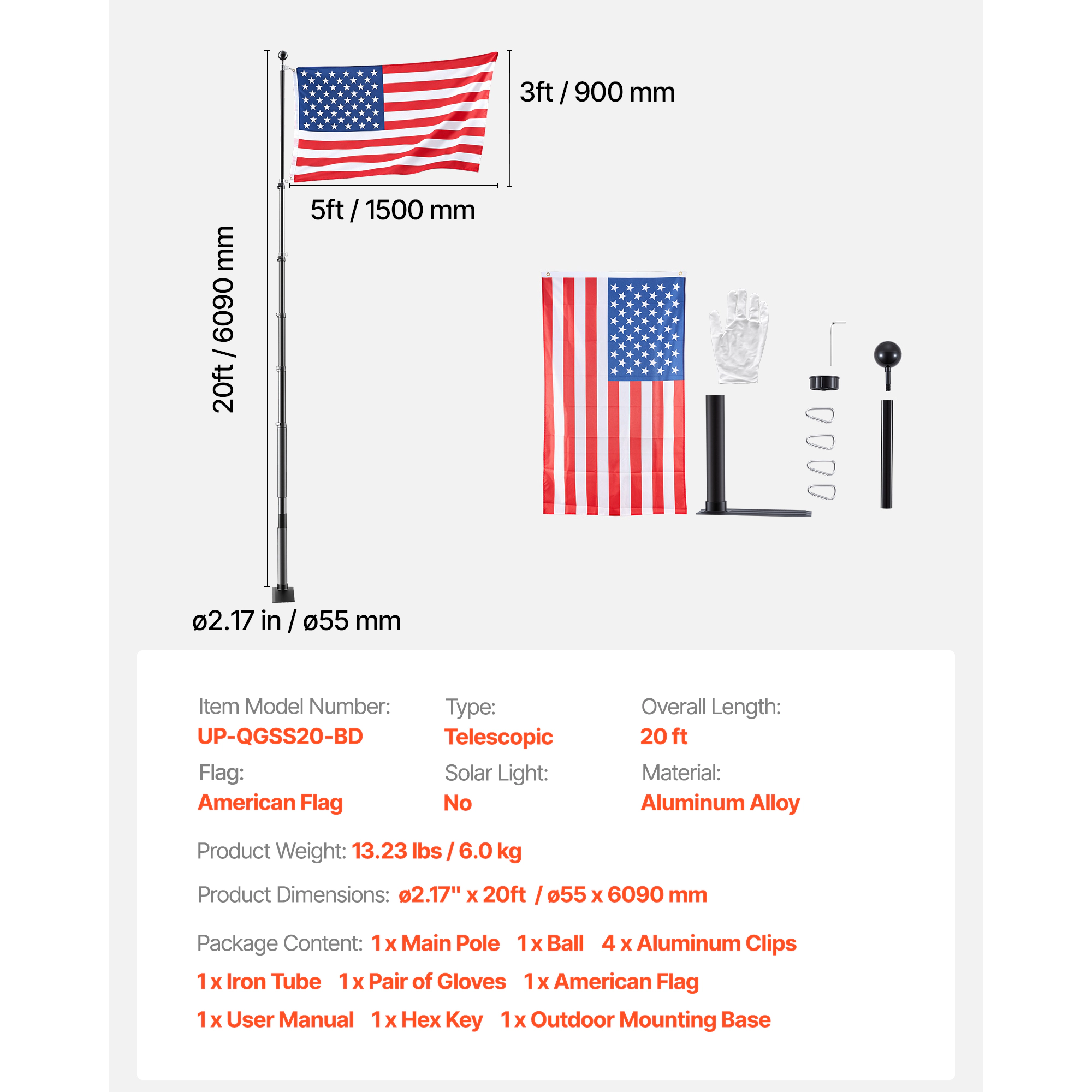 HONGGE Flag Pole Heavy Duty Telescopic Flagpole Kit with for Outdoor Aluminum Flagpole with 3x5 American Flag for Black