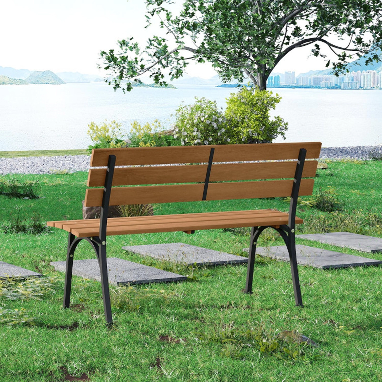 SUGIFT 47-Inch Outdoor Garden Bench, Acacia Wood Seat, Black Metal Frame, 800-Lb Capacity