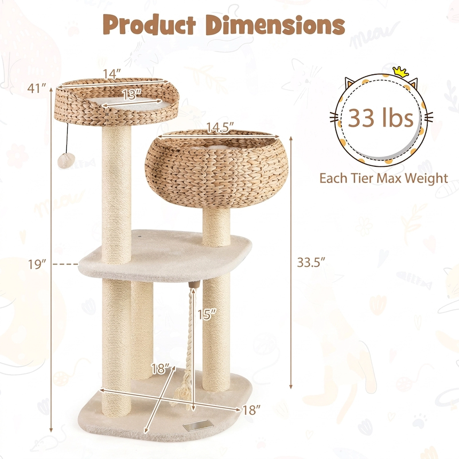 SUGIFT 41-in Rattan Cat Tree Napping Perch 22-lb Capacity Frame with 2 High Rise Basket Beds & Scratching Posts White