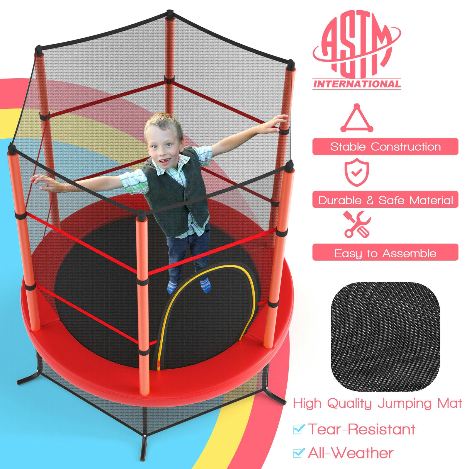 SUGIFT Kids Recreational Trampoline with Enclosure Net 300-lb Capacity 65 x 65 x 65 in Frame 30 Tension Ropes Red