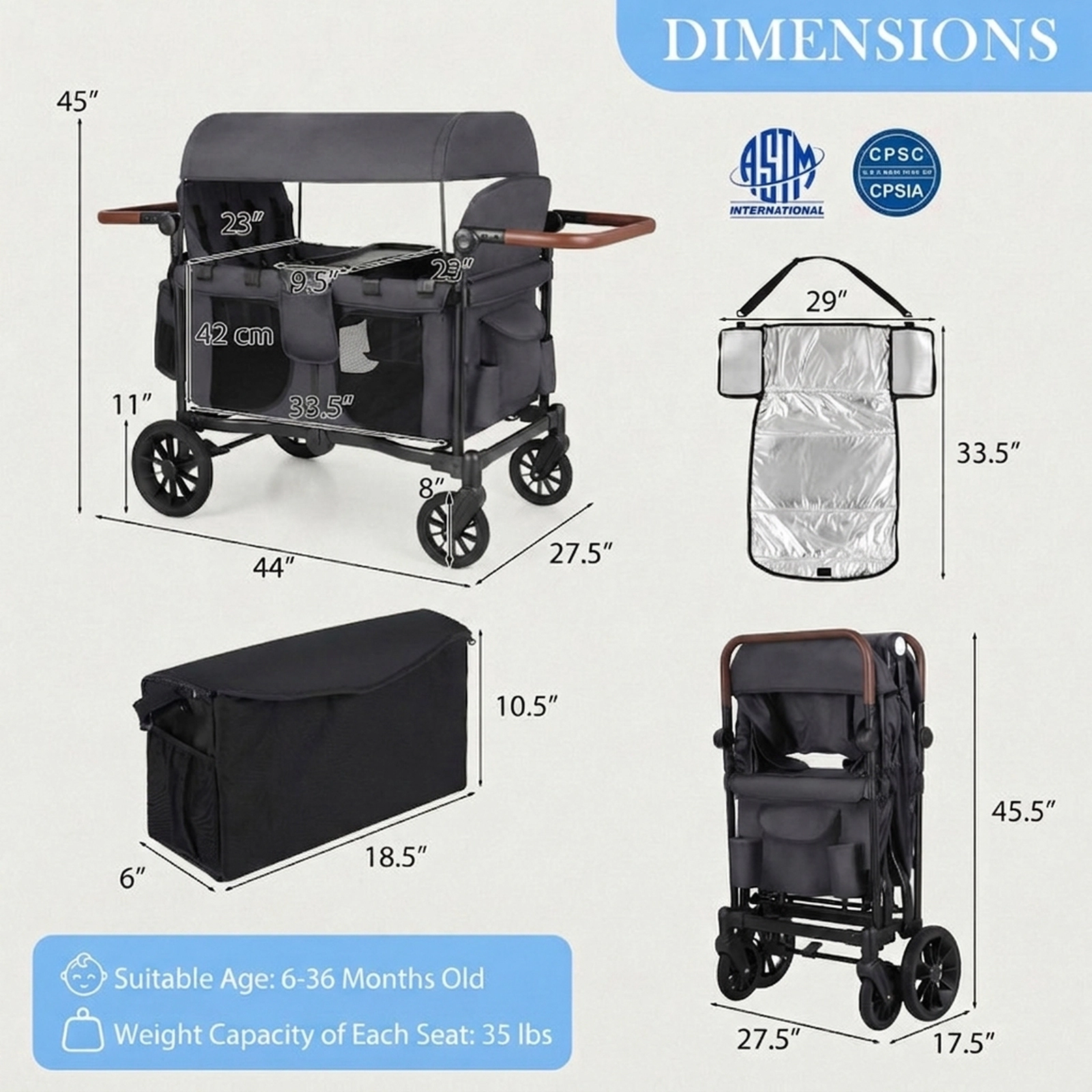 SUGIFT Foldable 4-Seater Push-Pull Wagon Stroller 35-lb Capacity Ages 6-36 Months Black/Gray
