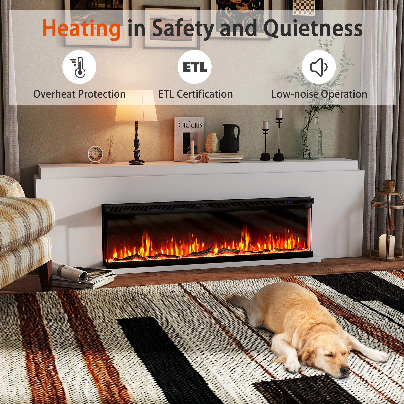 SUGIFT 60-in 3-Sided Panoramic Glass Freestanding Electric Fireplace Insert 60-in x 7.8-in x 17.3-in 5000 BTU Black