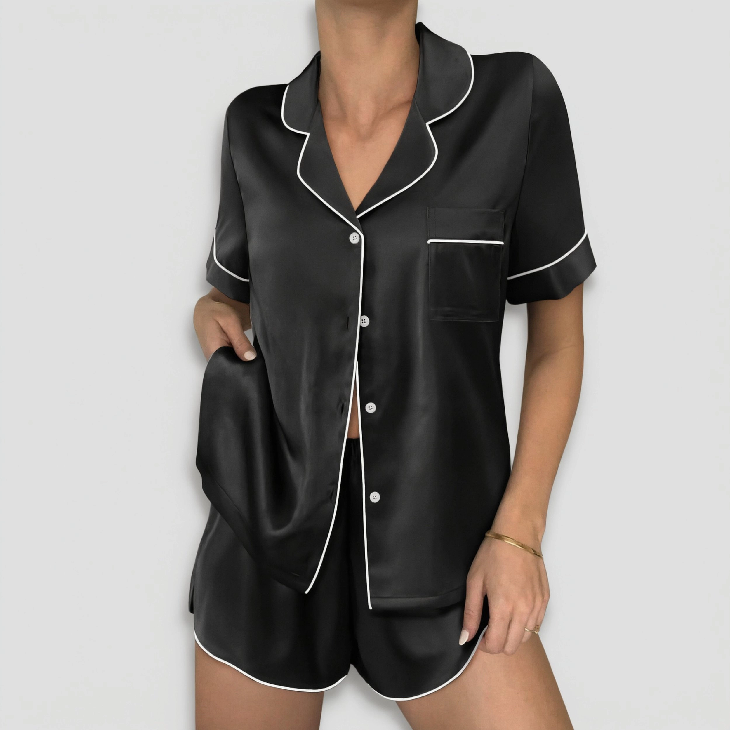 Ekouaer Womens Silk Satin Pajama Sets 2 Piece Button Down Shorts Short Sleeve Loungewear