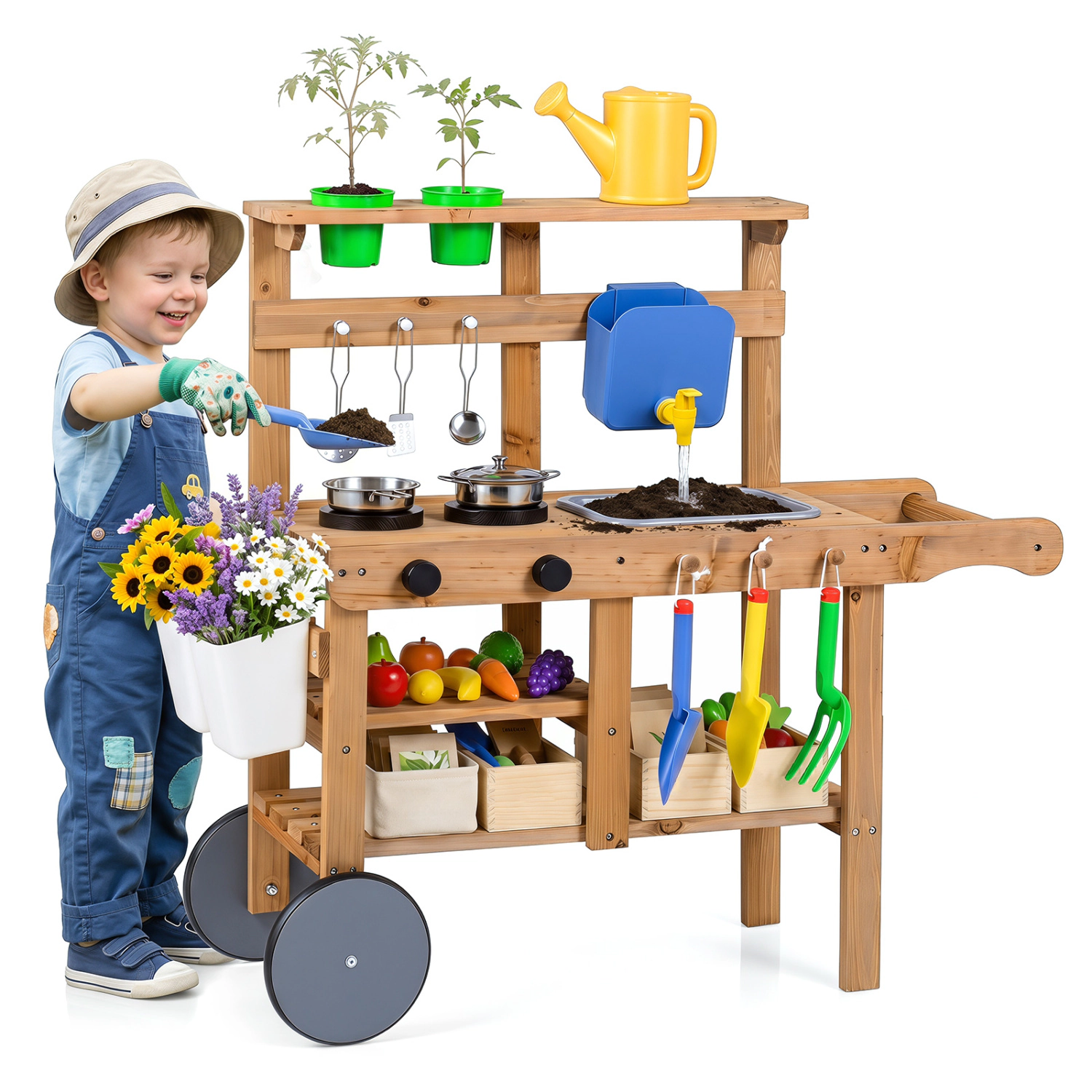 LJG Kids Mud Kitchen with Water Tank and Sink and 15 Accessories for Ages 3+