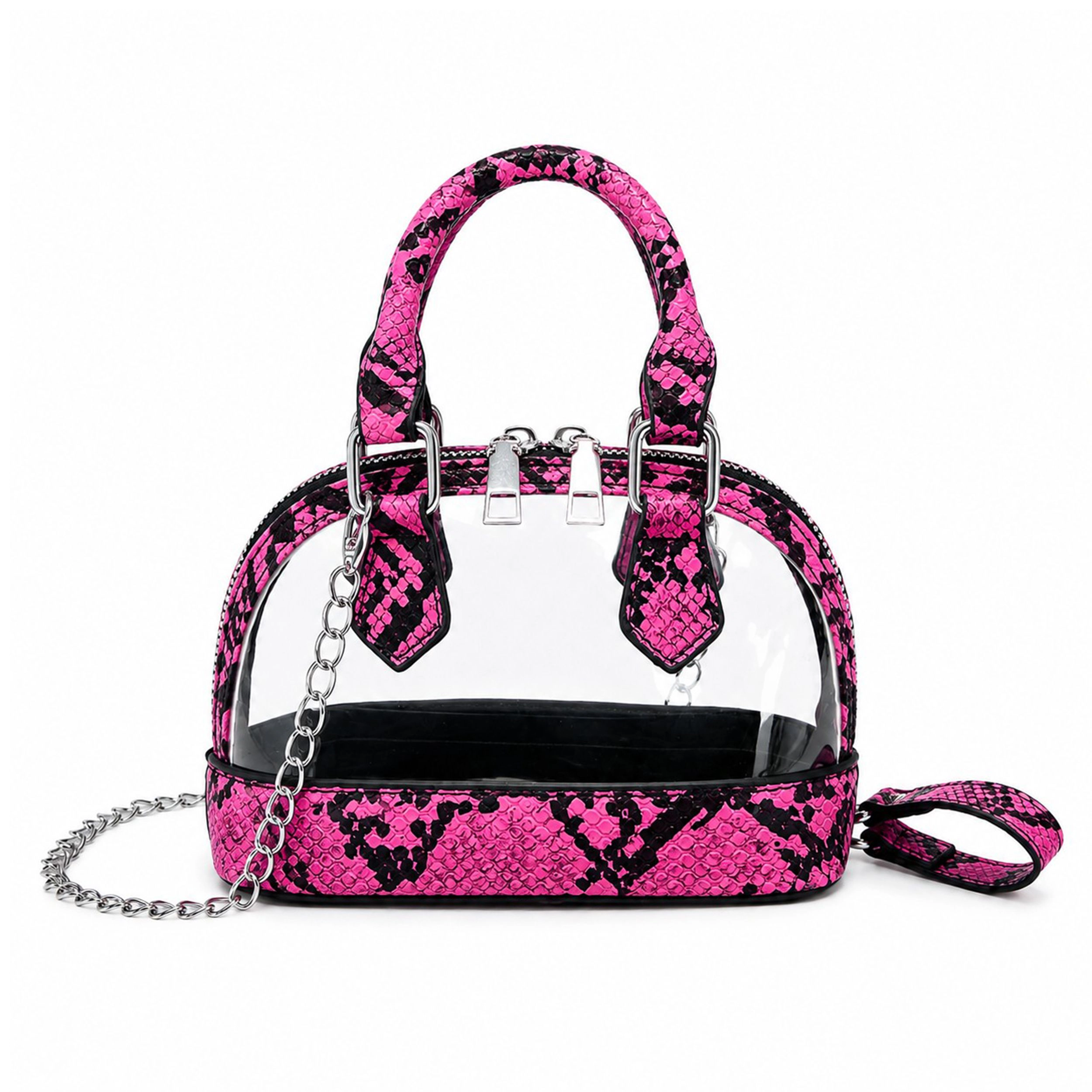 Alilang Women's Clear PVC Mini Crossbody Satchel Bag with Print Trim and Chain Strap, White