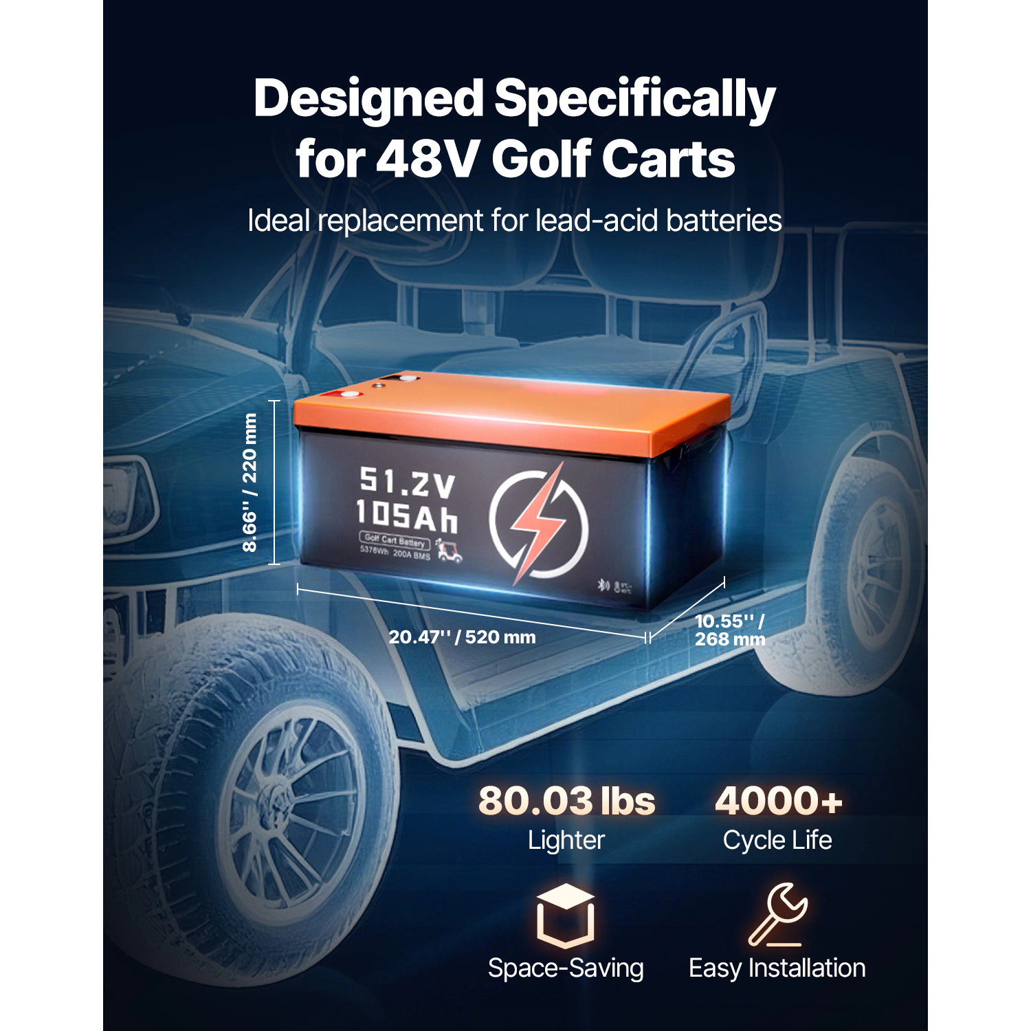 HONGGE 105Ah Golf Cart Lithium Battery Golf Cart Battery with 200A BMS LCD Monitor and Mobile APP LiFePO4 Battery with