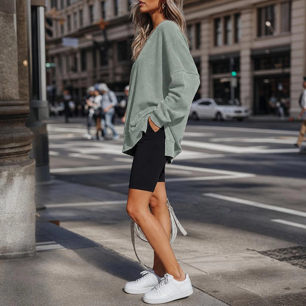 YesFashion Womens Oversized Waffle Sweatshirts Casual Crewneck Long Sleeve Side Slit Pullover Tops