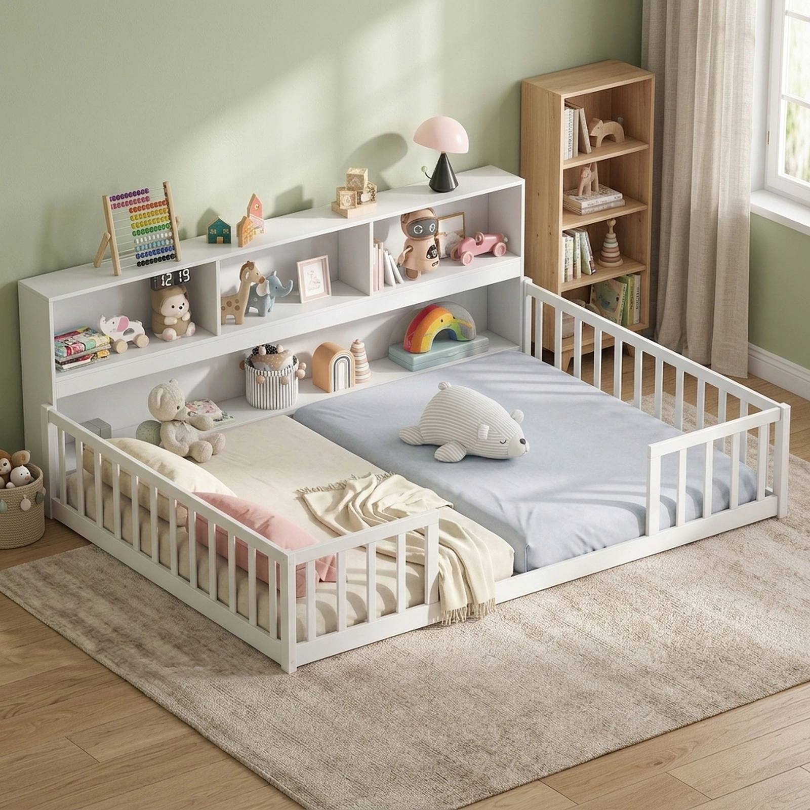 SUGIFT Full Size Montessori Floor Bed with Integrated Bookshelf Trundle Bed 44-lb Bookshelf Capacity Gray/White