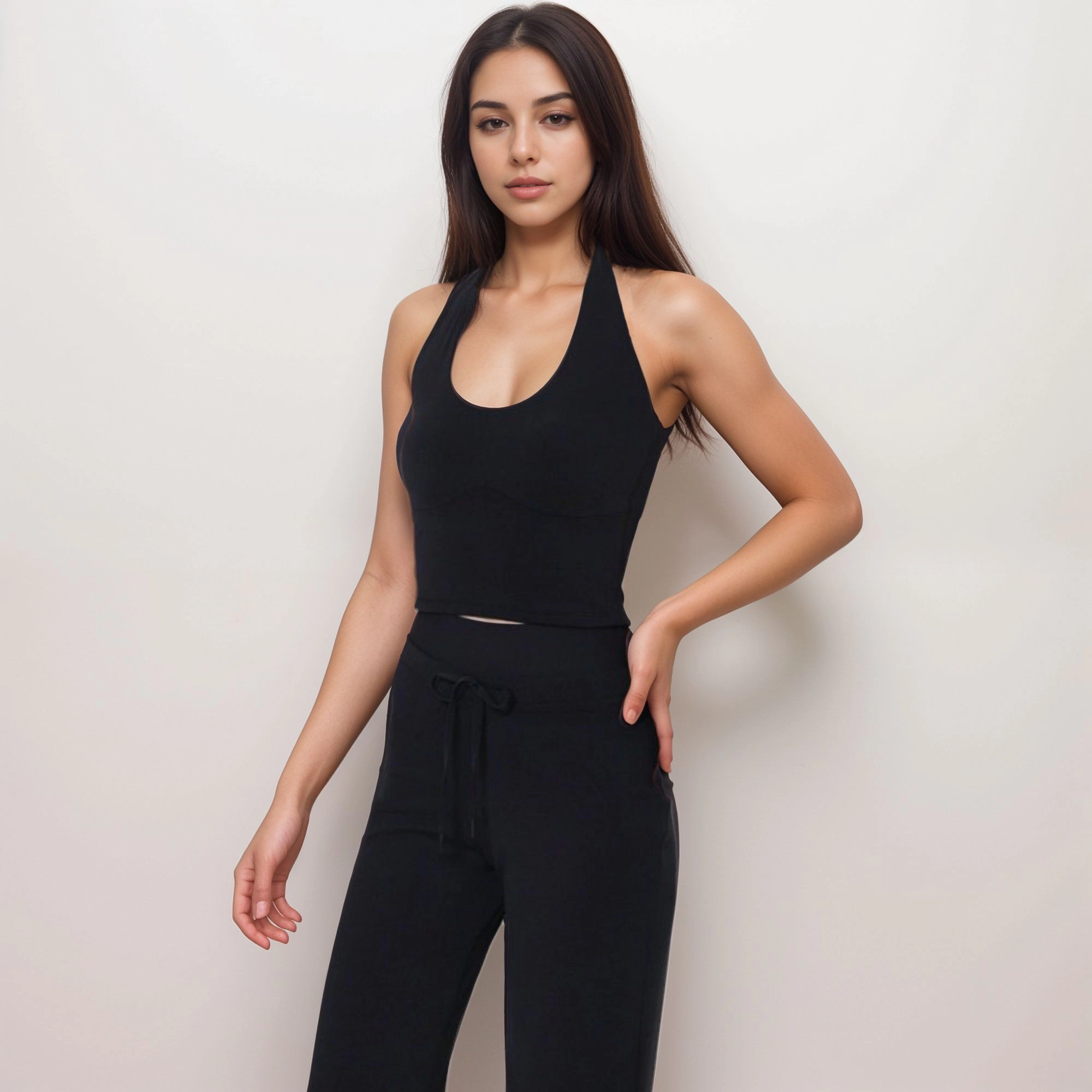 Anna-Kaci Women's Halter Active Tank Top with Scoop Neckline Seamless Stretch Fit and Built-In Light Support Shelf