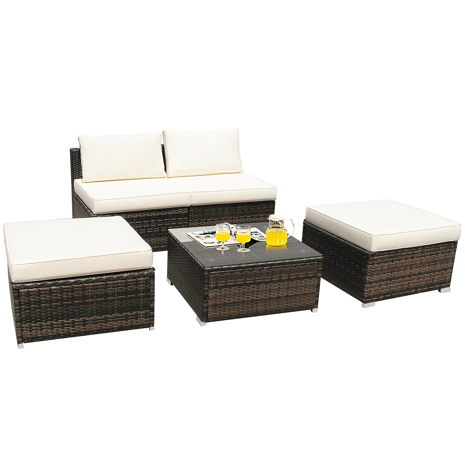 SUGIFT Armless Sofas Ottomans and Coffee Table 5-Piece White Patio Rattan Set