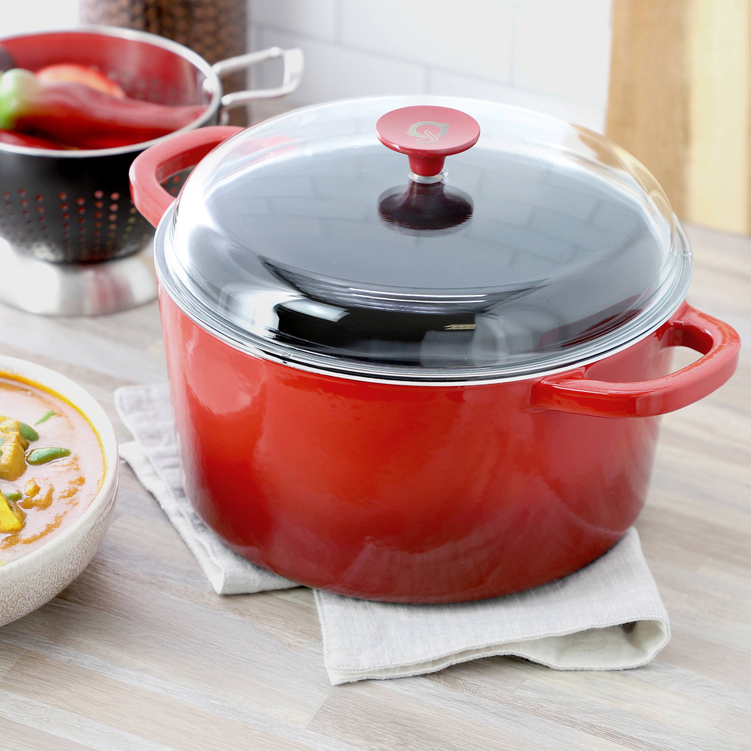 Crock Pot Artisan 7 Quart Enameled Cast Iron Dutch Oven in Red with Borosilcate Lid
