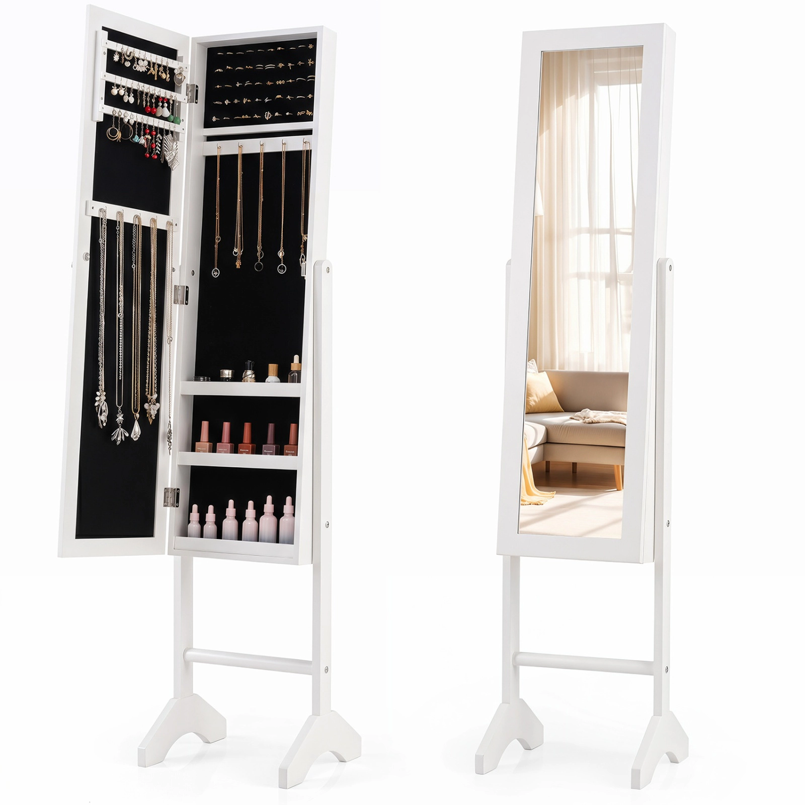 SUGIFT White Freestanding Jewelry Armoire with Full-Length Mirror Velvet Lined Cabinet and Magnetic Catch