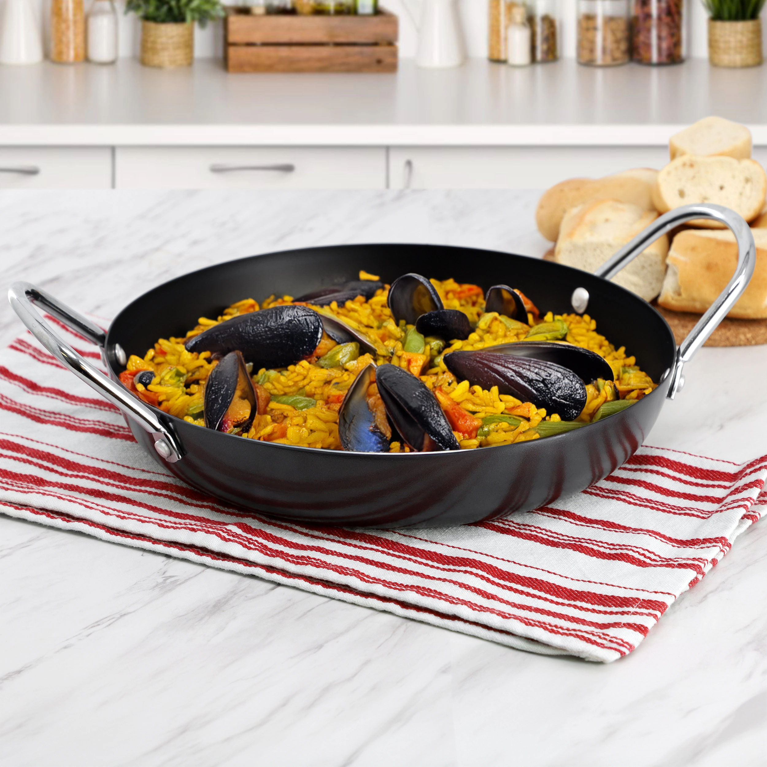 Oster Smithfire 11 Inch Nonstick Carbon Steel Paella Pan in Dark Gray