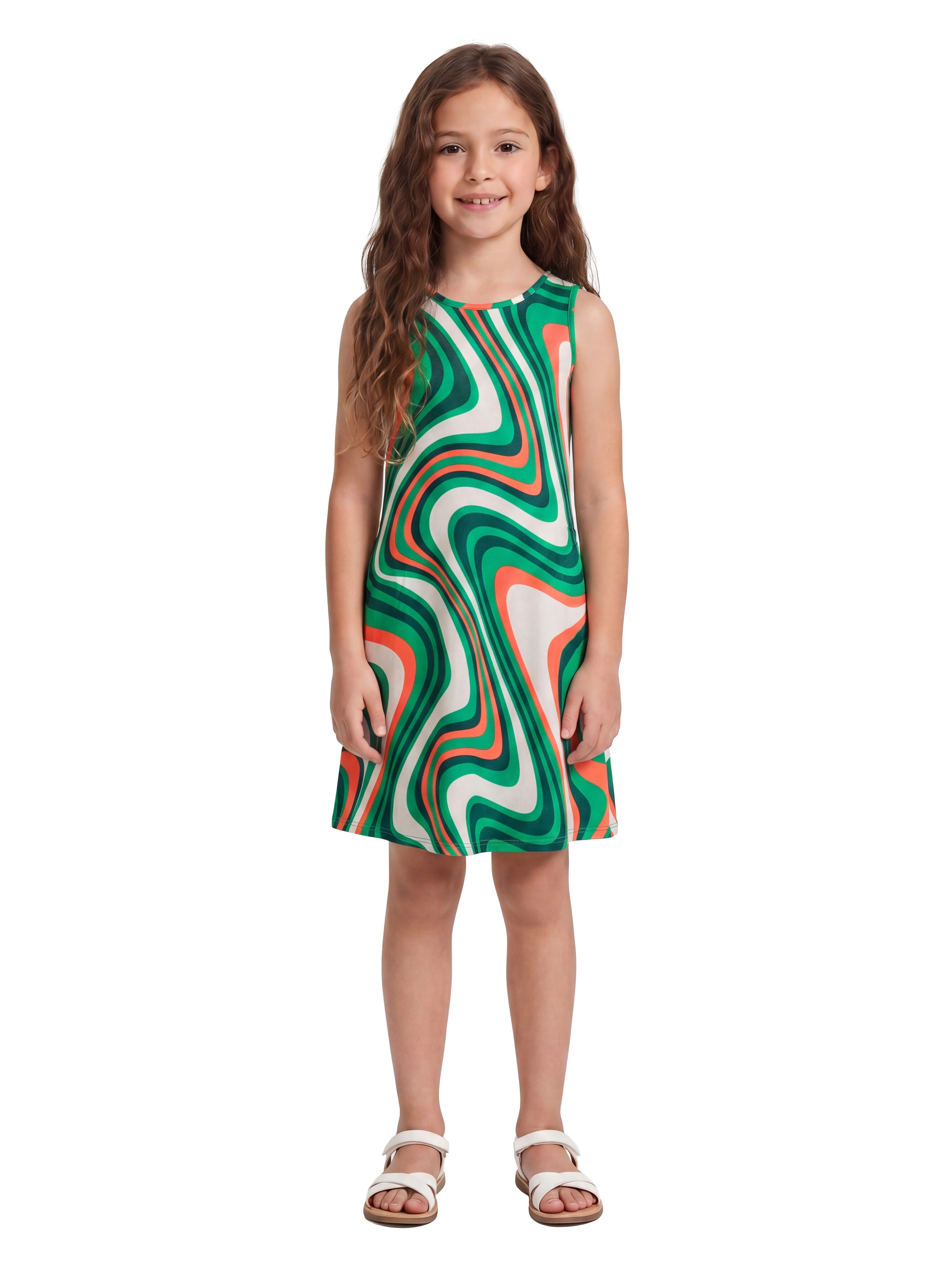 24sevenKid Essential Girls Green Print Sleeveless Pockets Dress