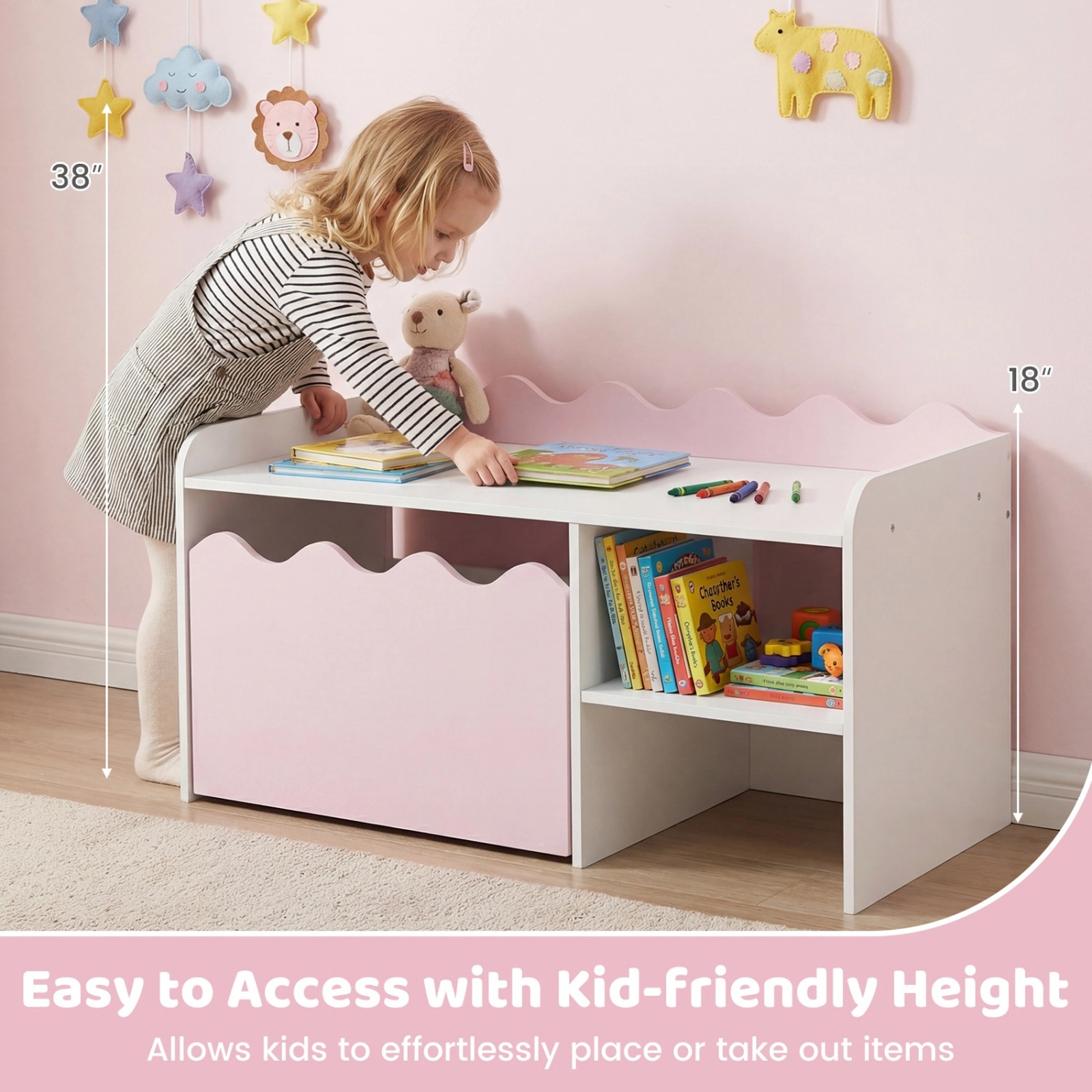 SUGIFT Scalloped Kids Bookshelf and Toy Storage Organizer with Movable Drawer 77-lb Top Capacity 3+ Years Pink + White