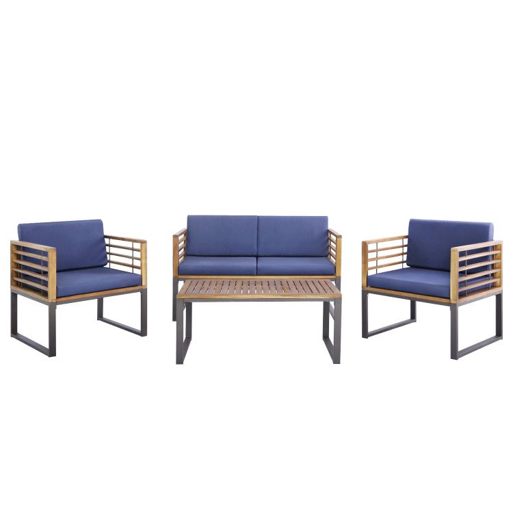Hivvago 4 Piece Patio Acacia Wood Conversation Set With Soft Seat-Navy