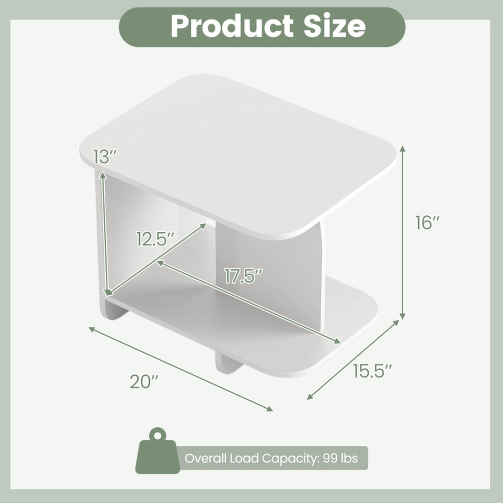 SUGIFT Storage Shelf and Screw Hole Covers 2-Tier White Sofa Side Table