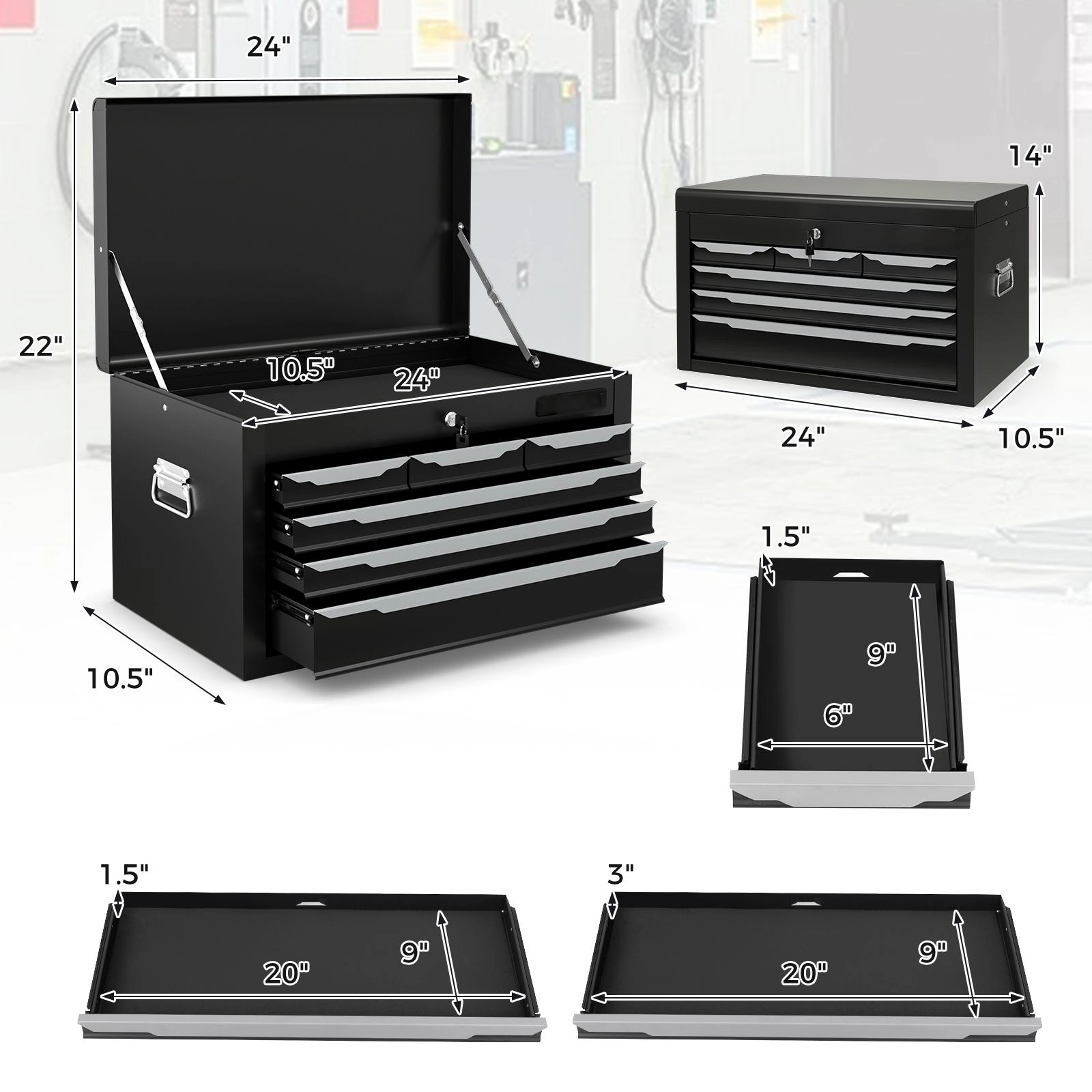 SUGIFT 6-Drawer Lockable Top Compartment Steel Tool Chest Case 24-in x 10.5-in x 14-in 120-lb Capacity Black