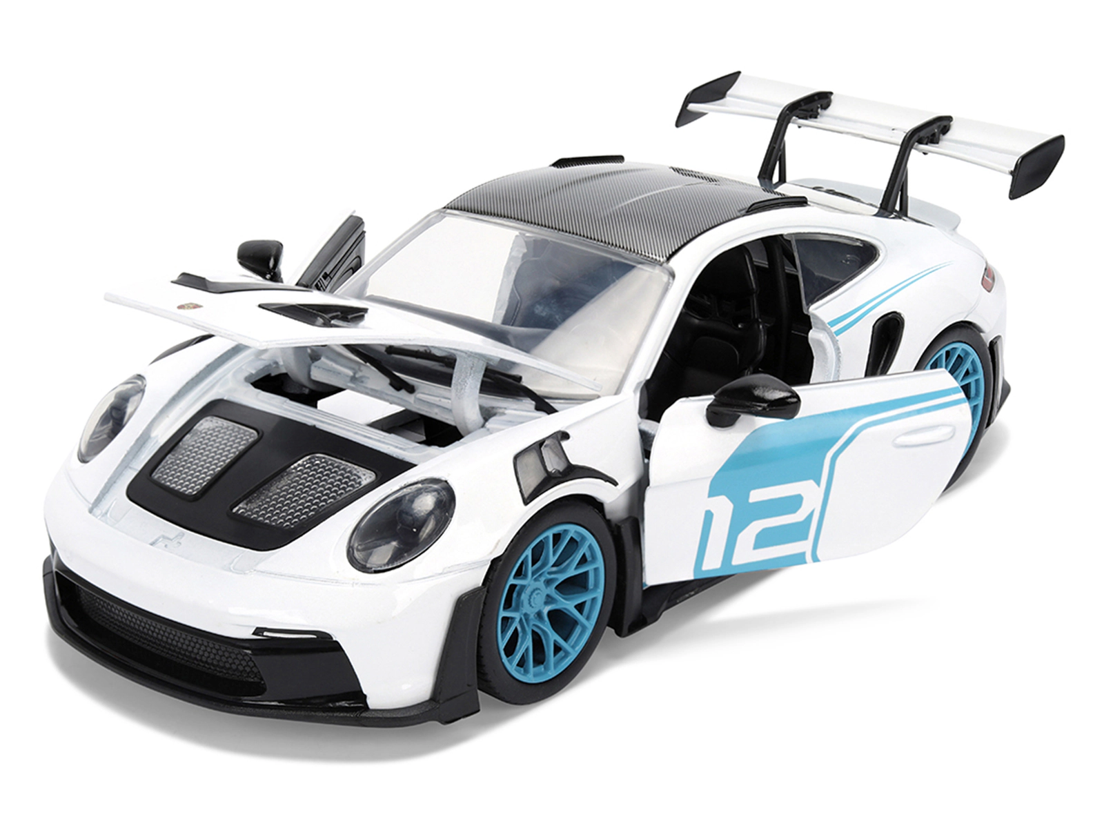 Jada Porsche 911 GT3 RS (992) #12 White with Blue Stripes and Carbon Top "Hyper-Spec" Series 1/24 Diecast