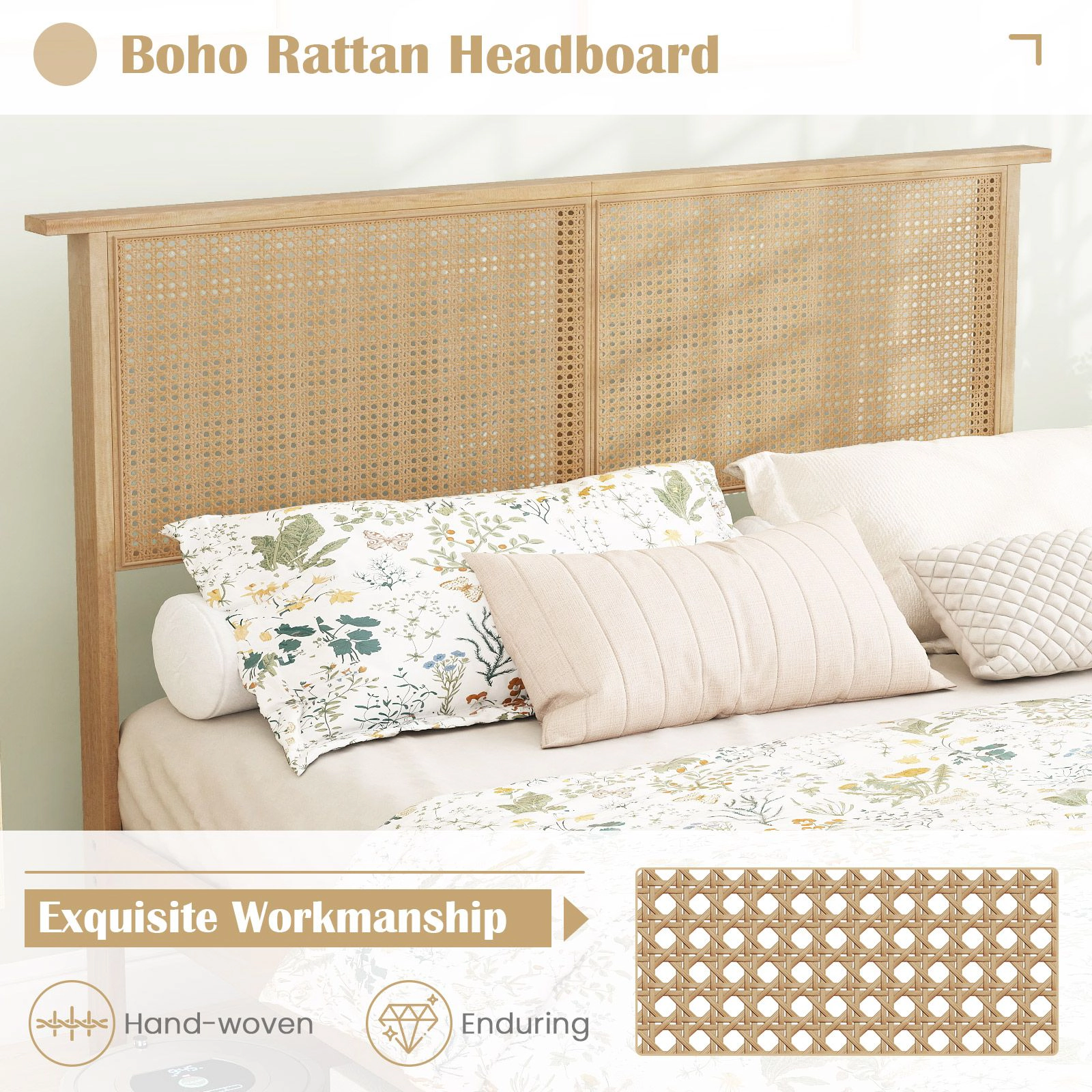 SlickBlue Rattan Platform Bed Frame with Solid Wood Frame and Headboard