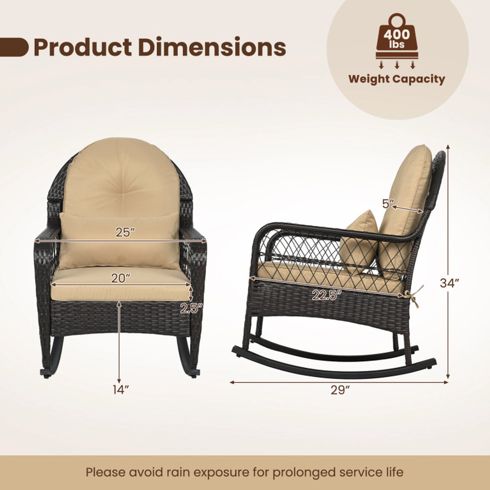 SUGIFT Outdoor Wicker Rocking Chair with Anti-Tip Stoppers 400-lb Capacity 22-lb Frame for Porch Deck Patio Brown